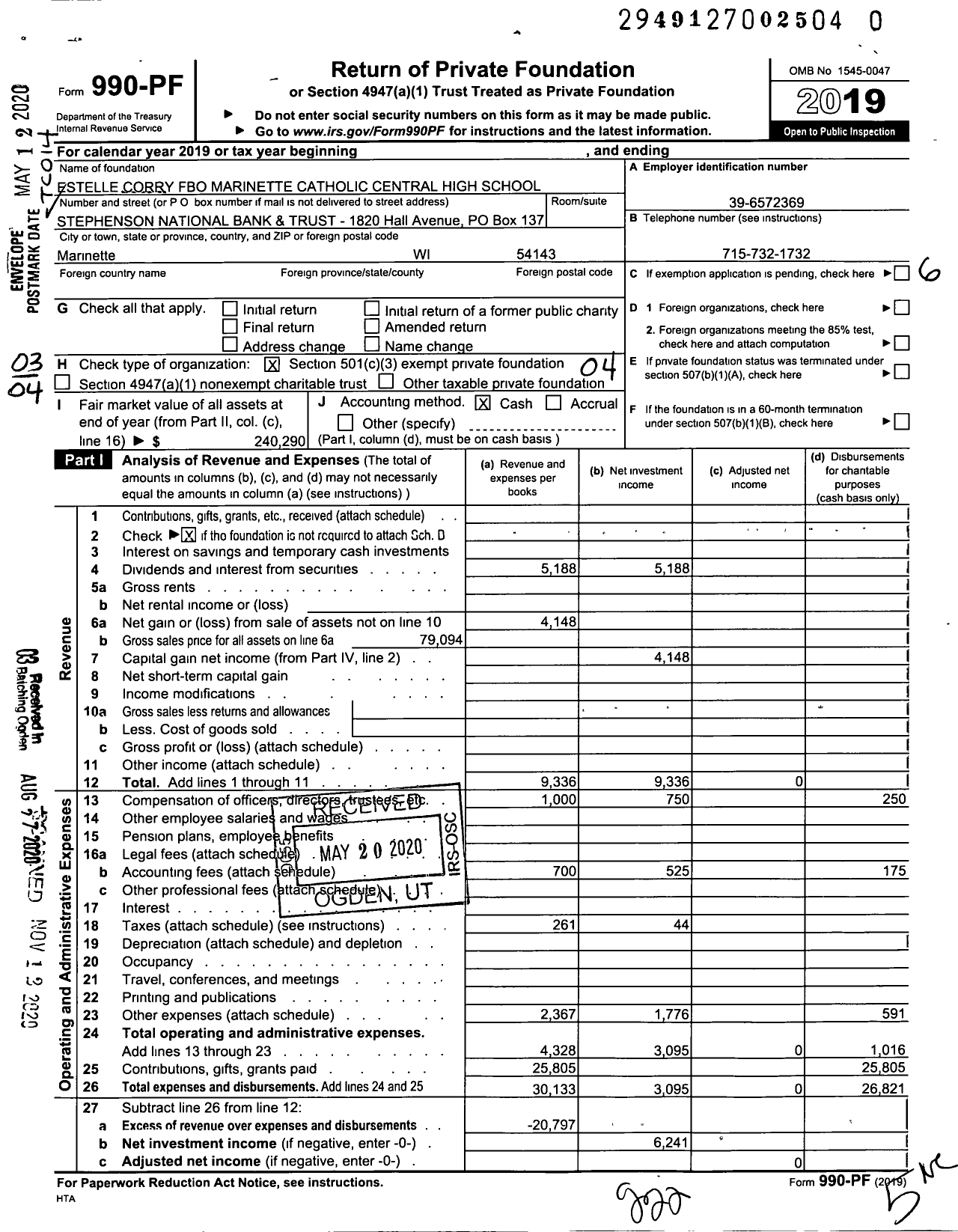 Image of first page of 2019 Form 990PF for Estelle Corry Fbo Marinette Catholic Central High School