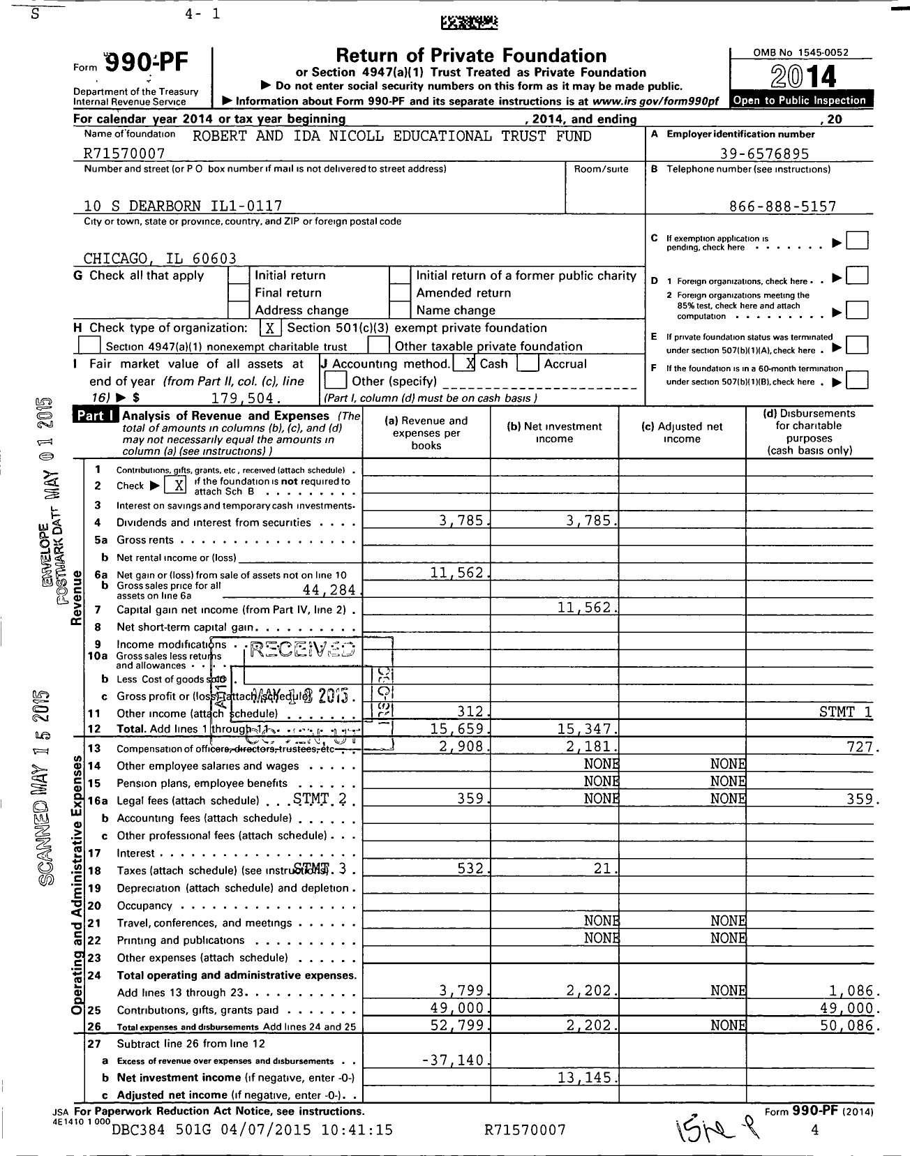 Image of first page of 2014 Form 990PF for Robert and Ida Nicoll Educational Trust Fund