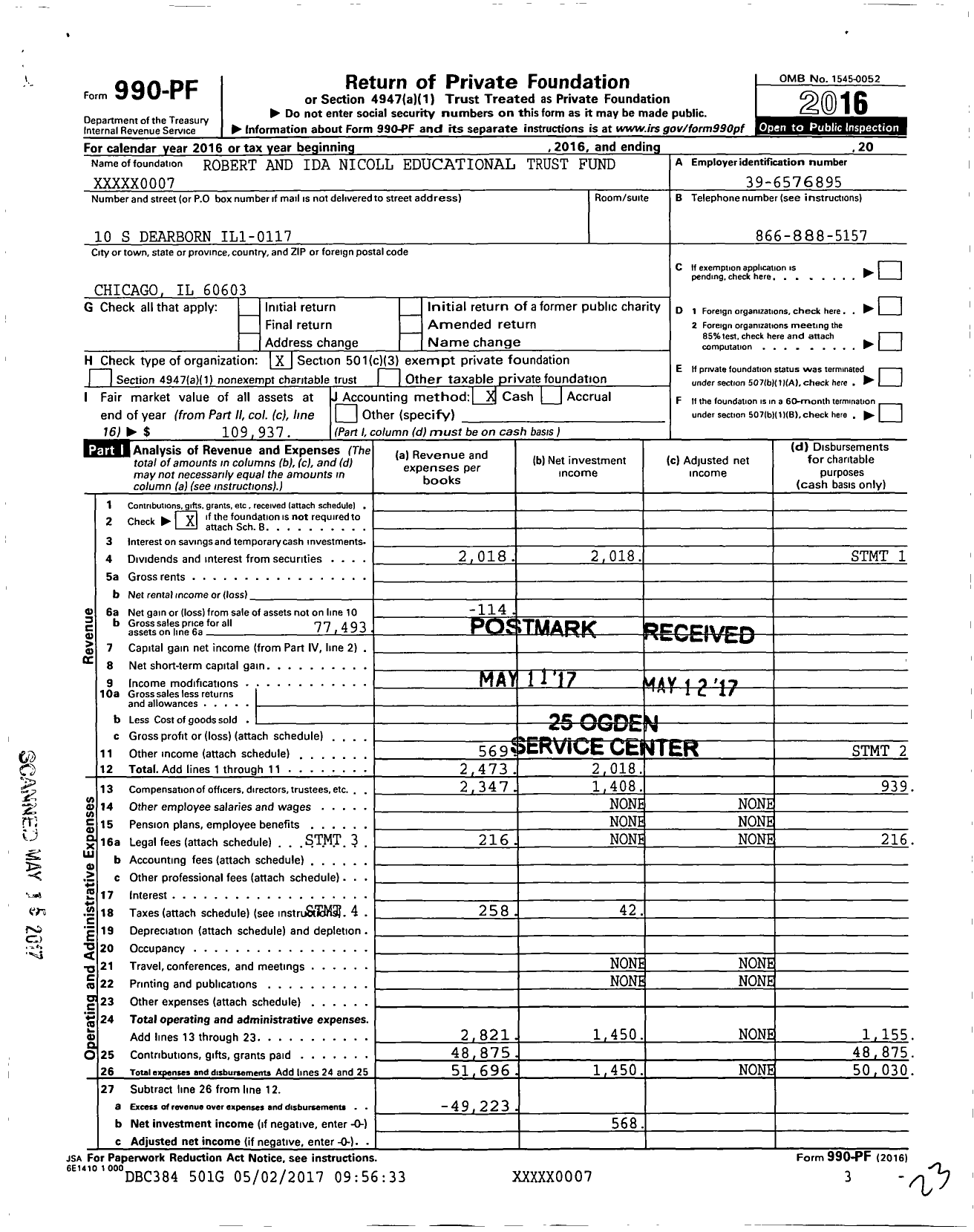 Image of first page of 2016 Form 990PF for Robert and Ida Nicoll Educational Trust Fund