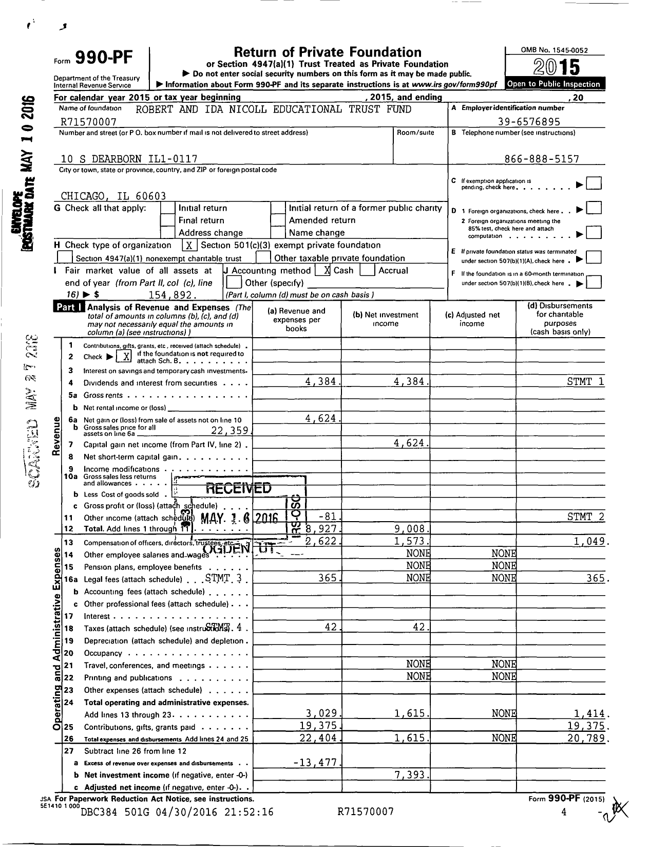 Image of first page of 2015 Form 990PF for Robert and Ida Nicoll Educational Trust Fund