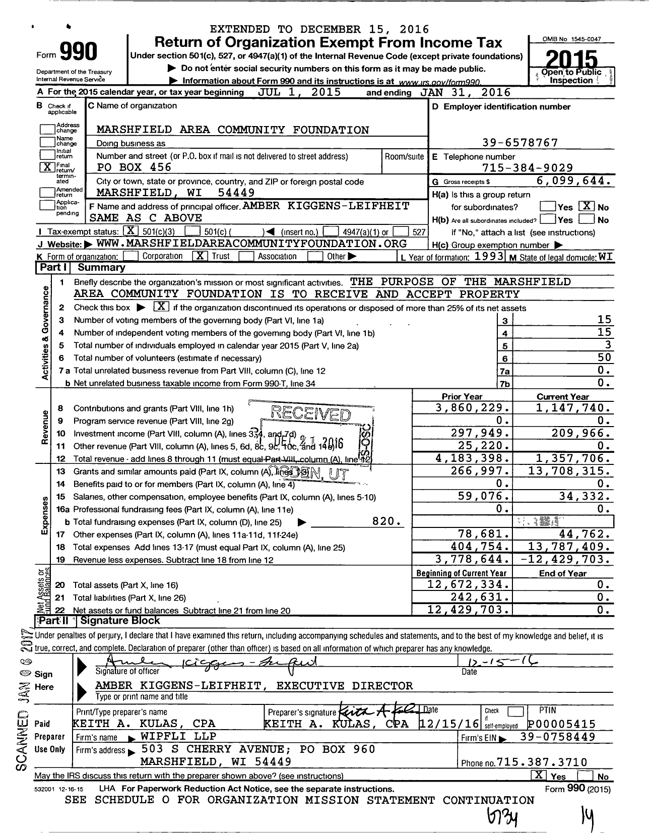 Image of first page of 2015 Form 990 for Marshfield Area Community Foundation