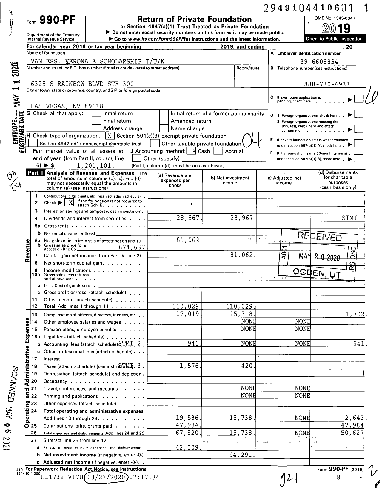 Image of first page of 2019 Form 990PF for Van Ess Verona E Scholarship Tuw