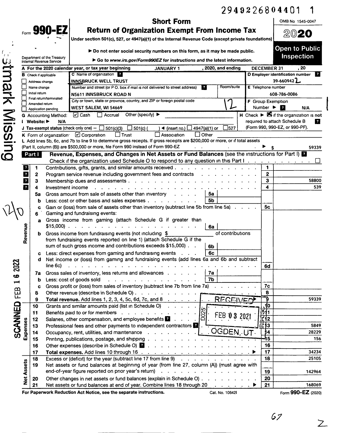 Image of first page of 2020 Form 990EO for Innsbruck Well Trust