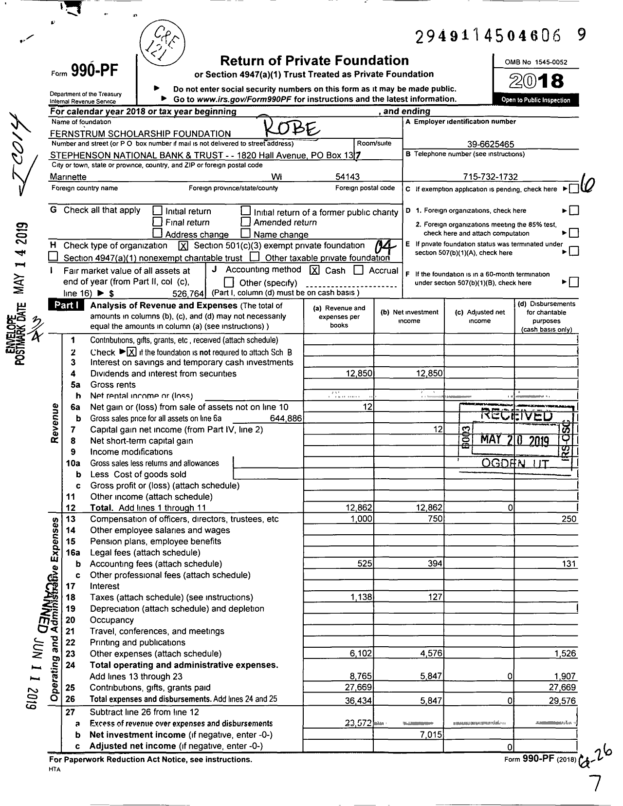 Image of first page of 2018 Form 990PF for Robert W and Caroline Fernstrum Scholar Foundation