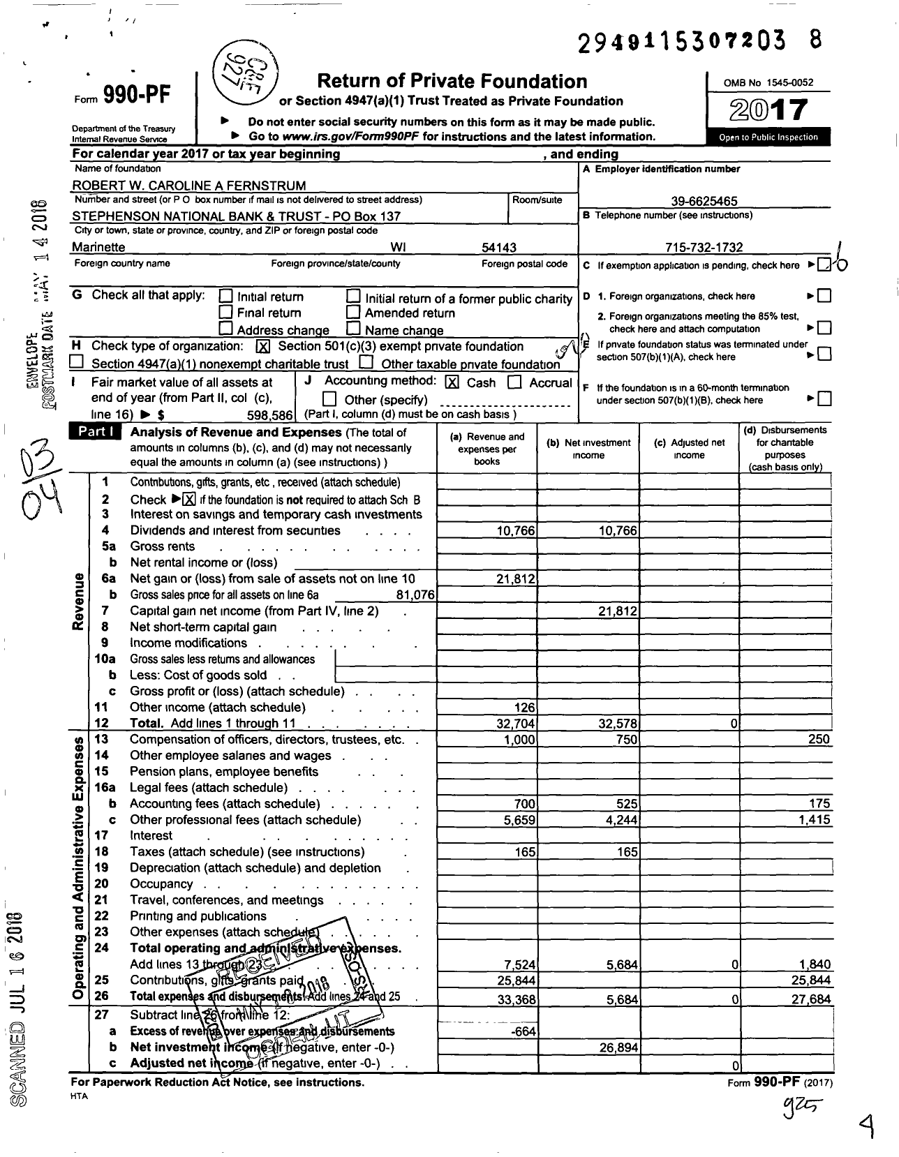 Image of first page of 2017 Form 990PF for Robert W and Caroline Fernstrum Scholar Foundation