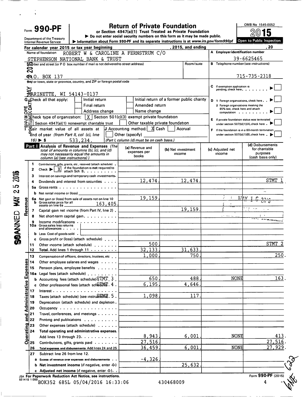 Image of first page of 2015 Form 990PF for Robert W and Caroline Fernstrum Scholar Foundation