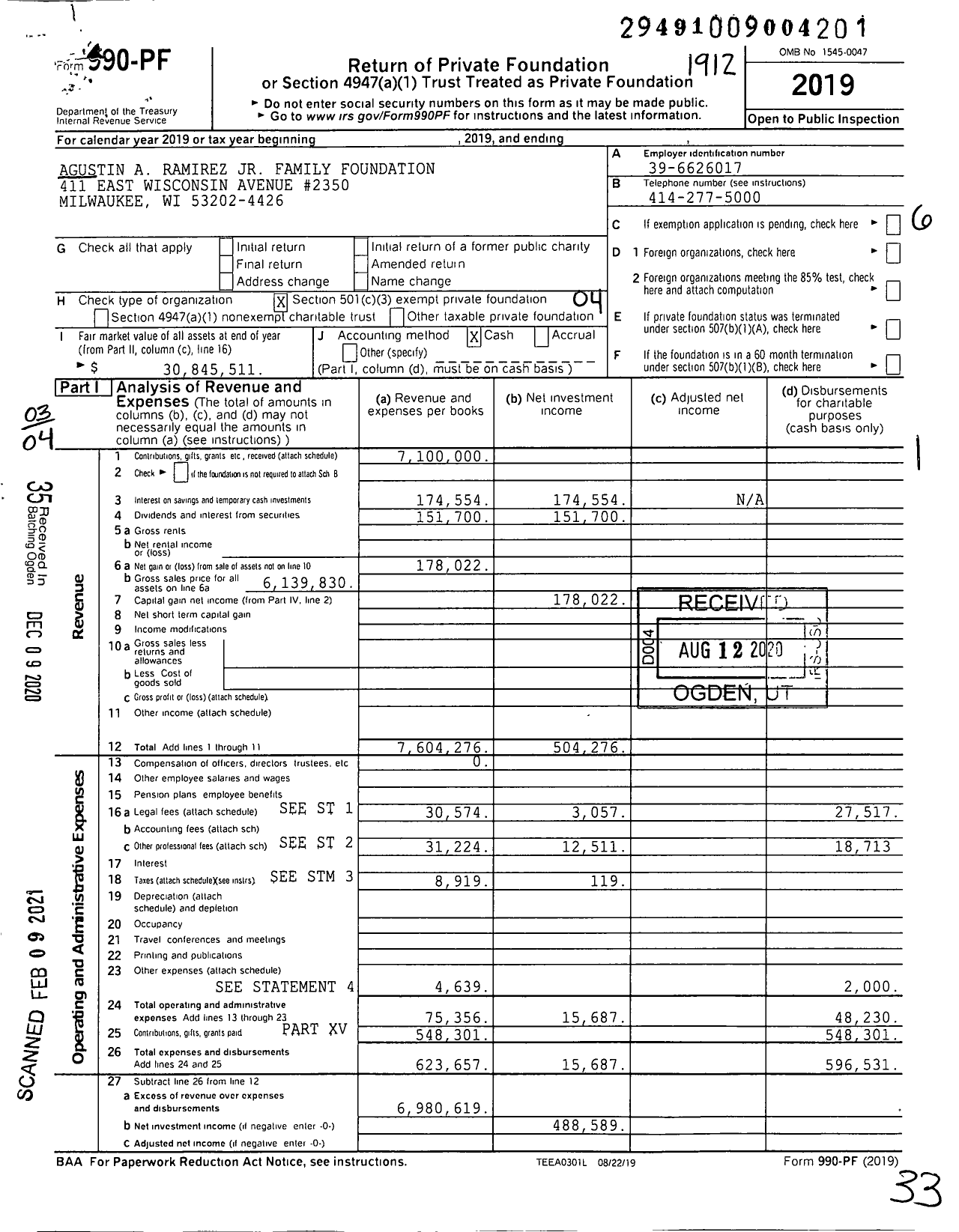 Image of first page of 2019 Form 990PF for Agustin A Ramirez JR Family Foundation