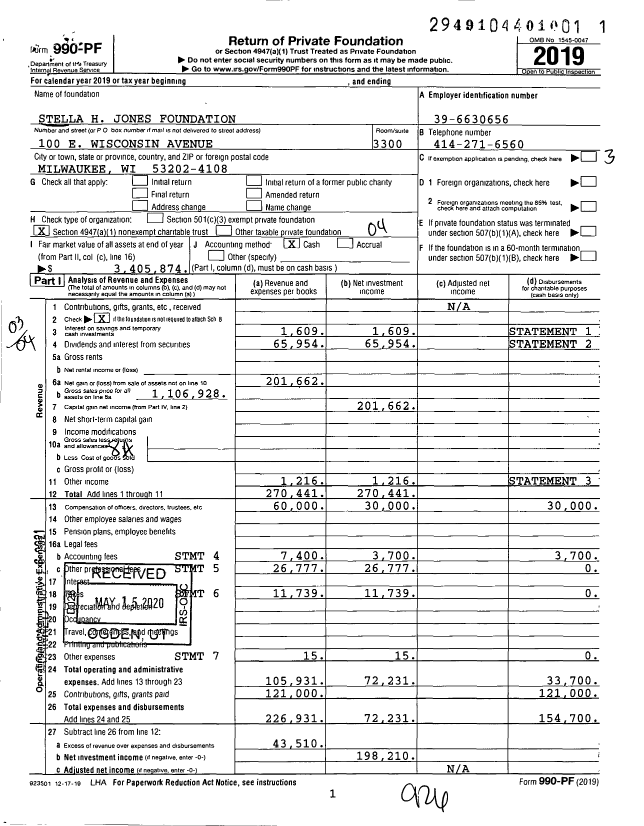 Image of first page of 2019 Form 990PF for Stella H Jones Foundation