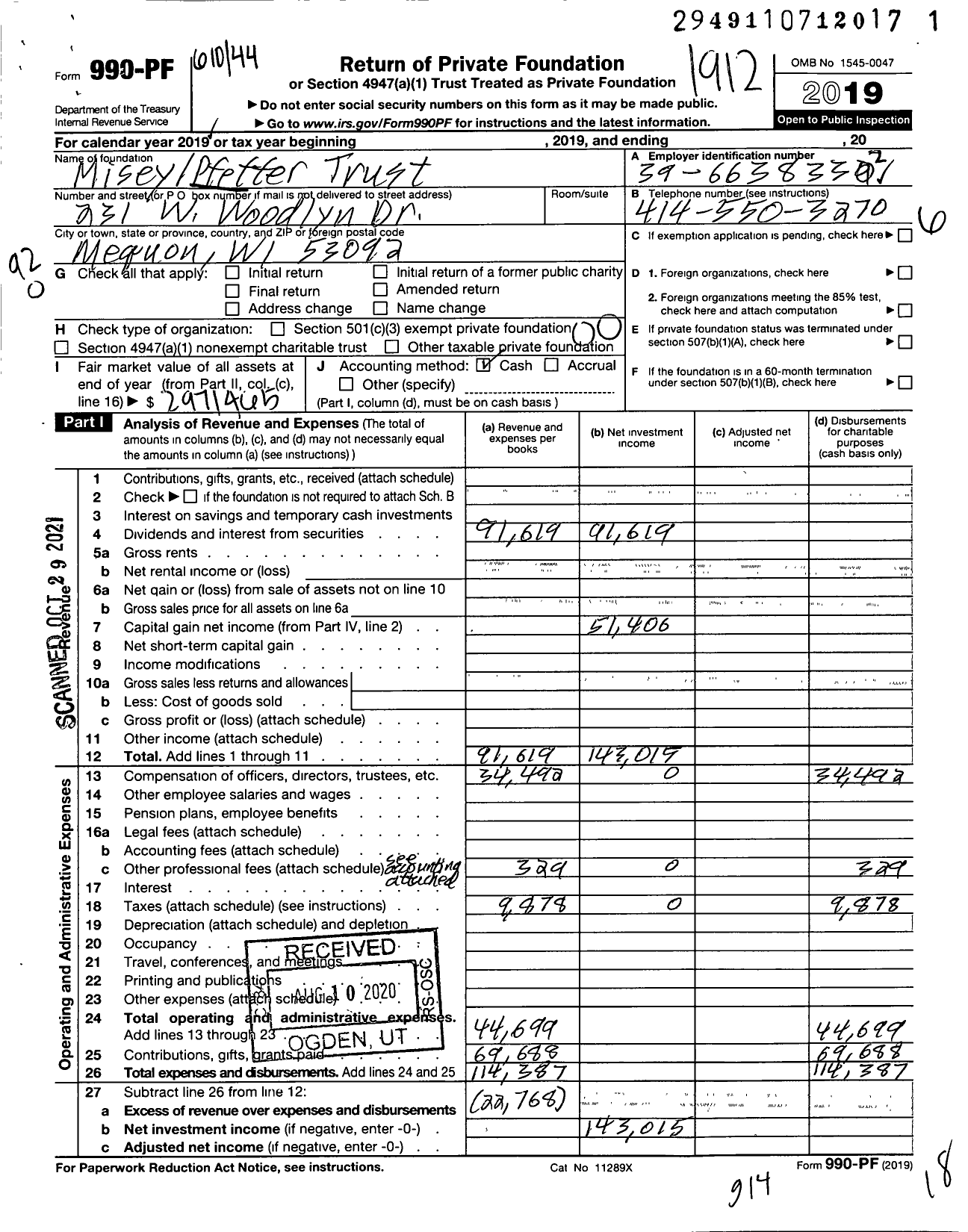 Image of first page of 2019 Form 990PF for Misey Pfeffer Trust