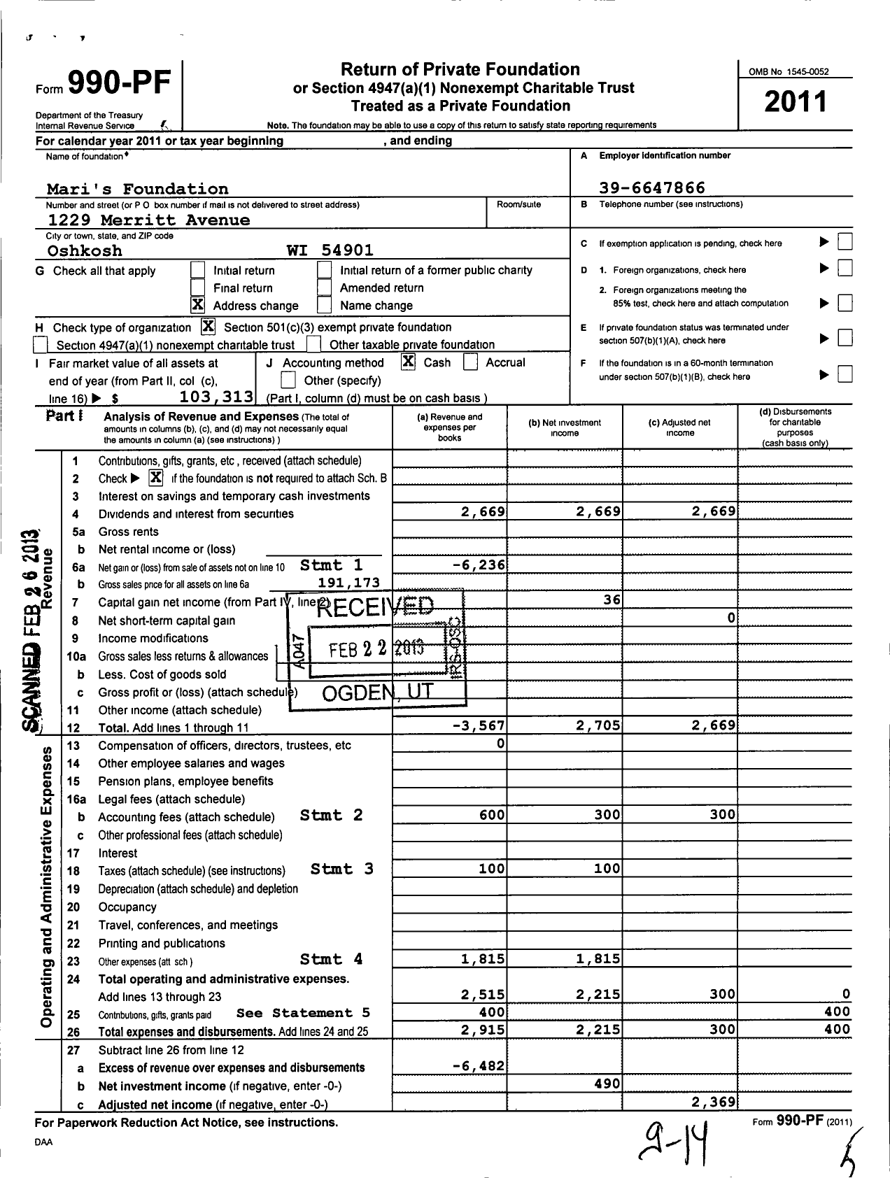 Image of first page of 2011 Form 990PF for Mari's Foundation / Taniguchi Mari