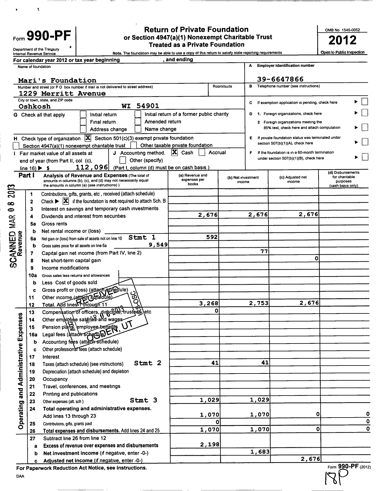 Image of first page of 2012 Form 990PF for Mari's Foundation / Taniguchi Mari