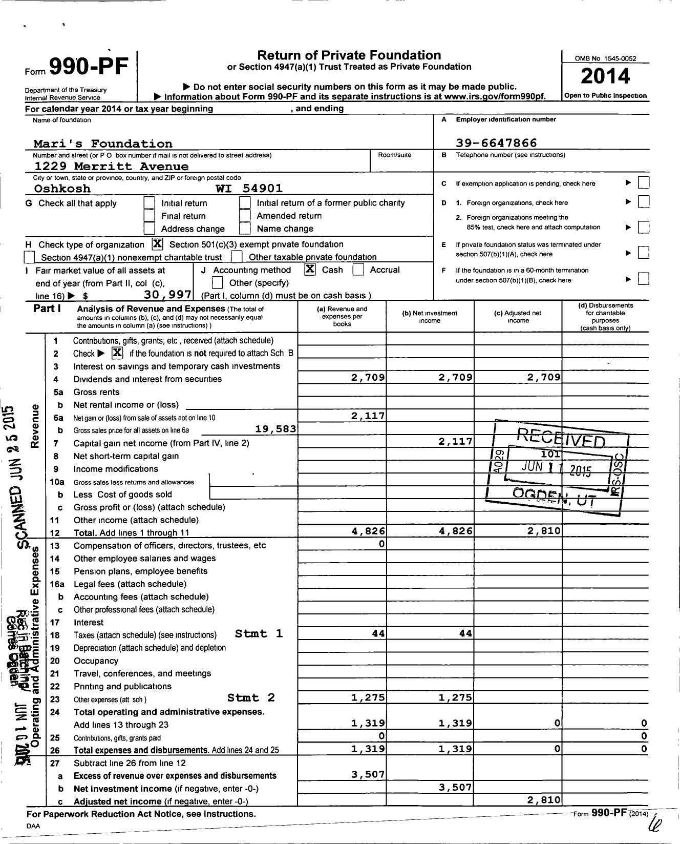 Image of first page of 2014 Form 990PF for Mari's Foundation / Taniguchi Mari