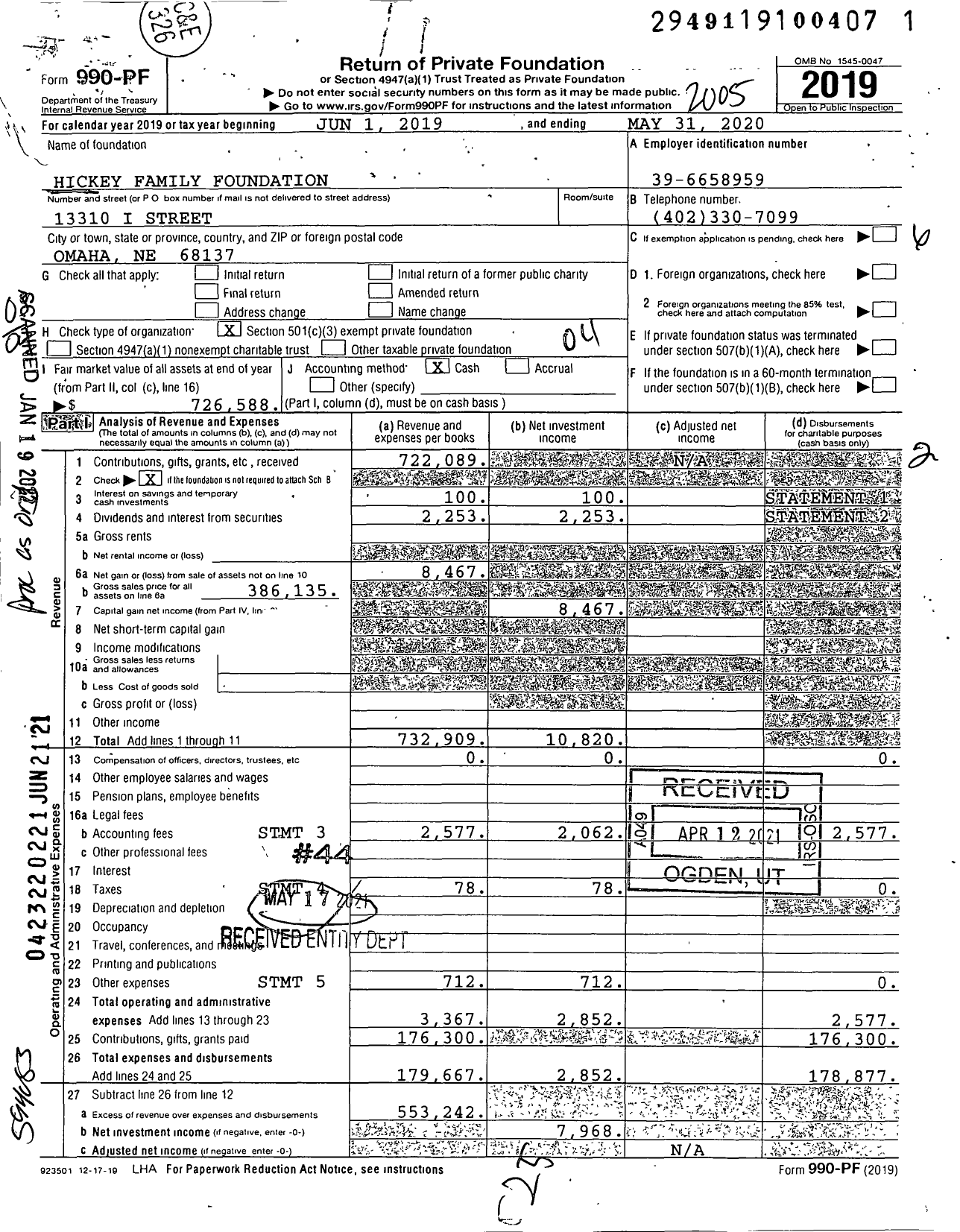 Image of first page of 2019 Form 990PF for Hickey Family Foundation