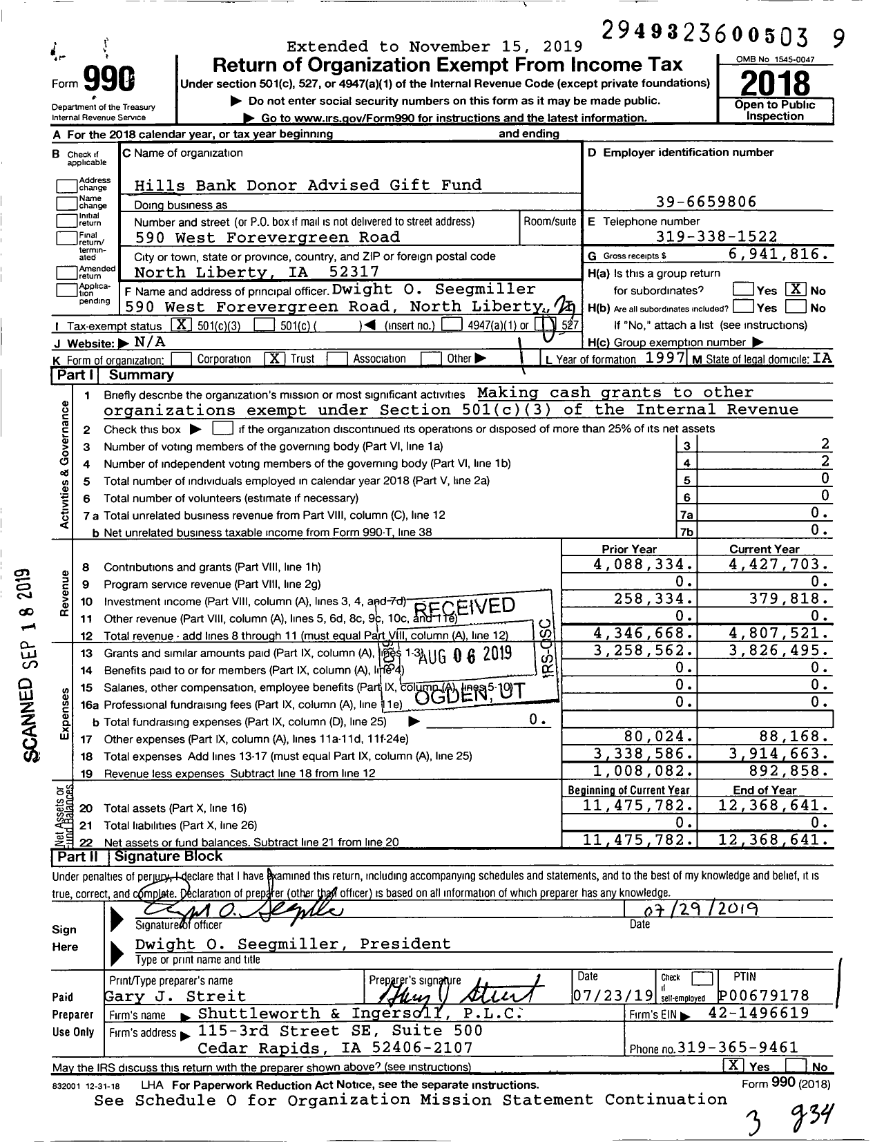 Image of first page of 2018 Form 990 for Hills Bank Donor Advised Gift Fund