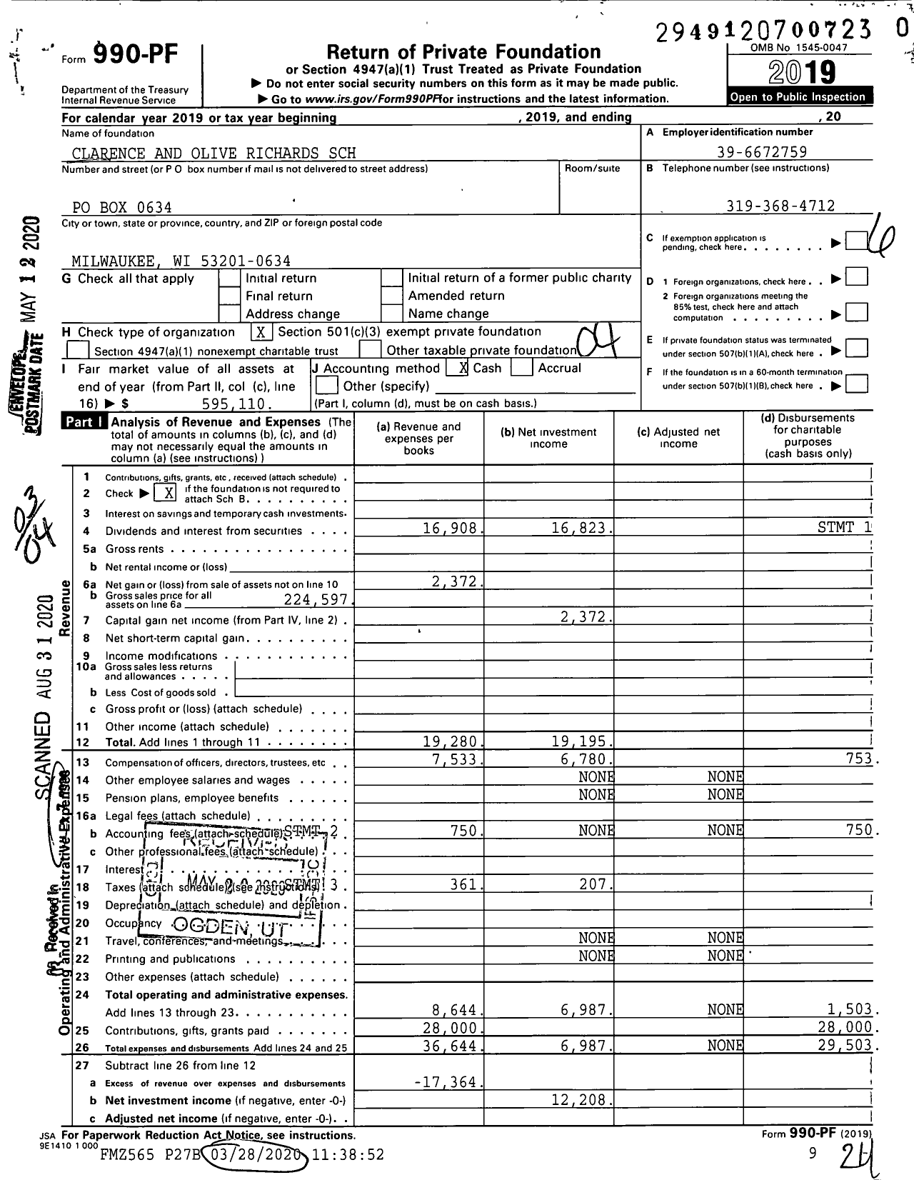 Image of first page of 2019 Form 990PR for Clarence and Olive Richards SCH