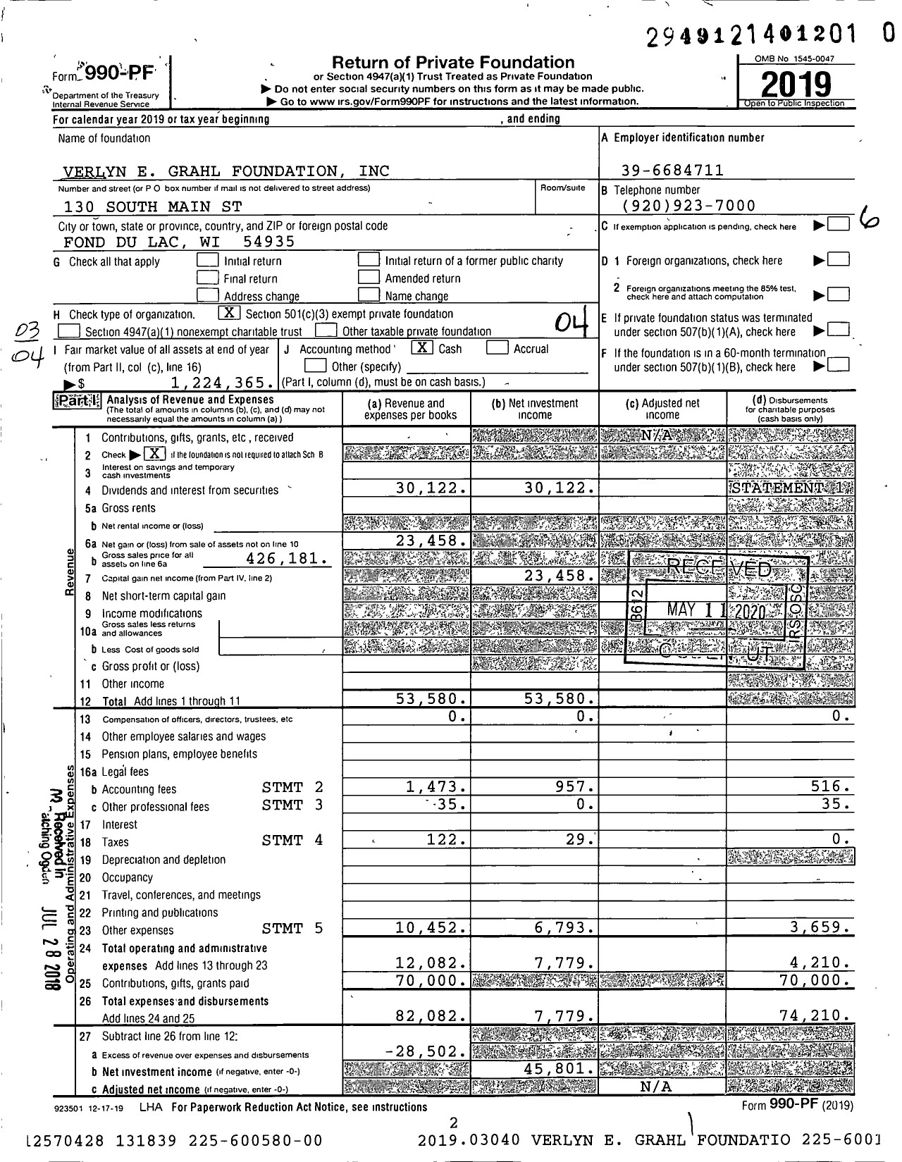 Image of first page of 2019 Form 990PR for Verlyn E Grahl Foundation