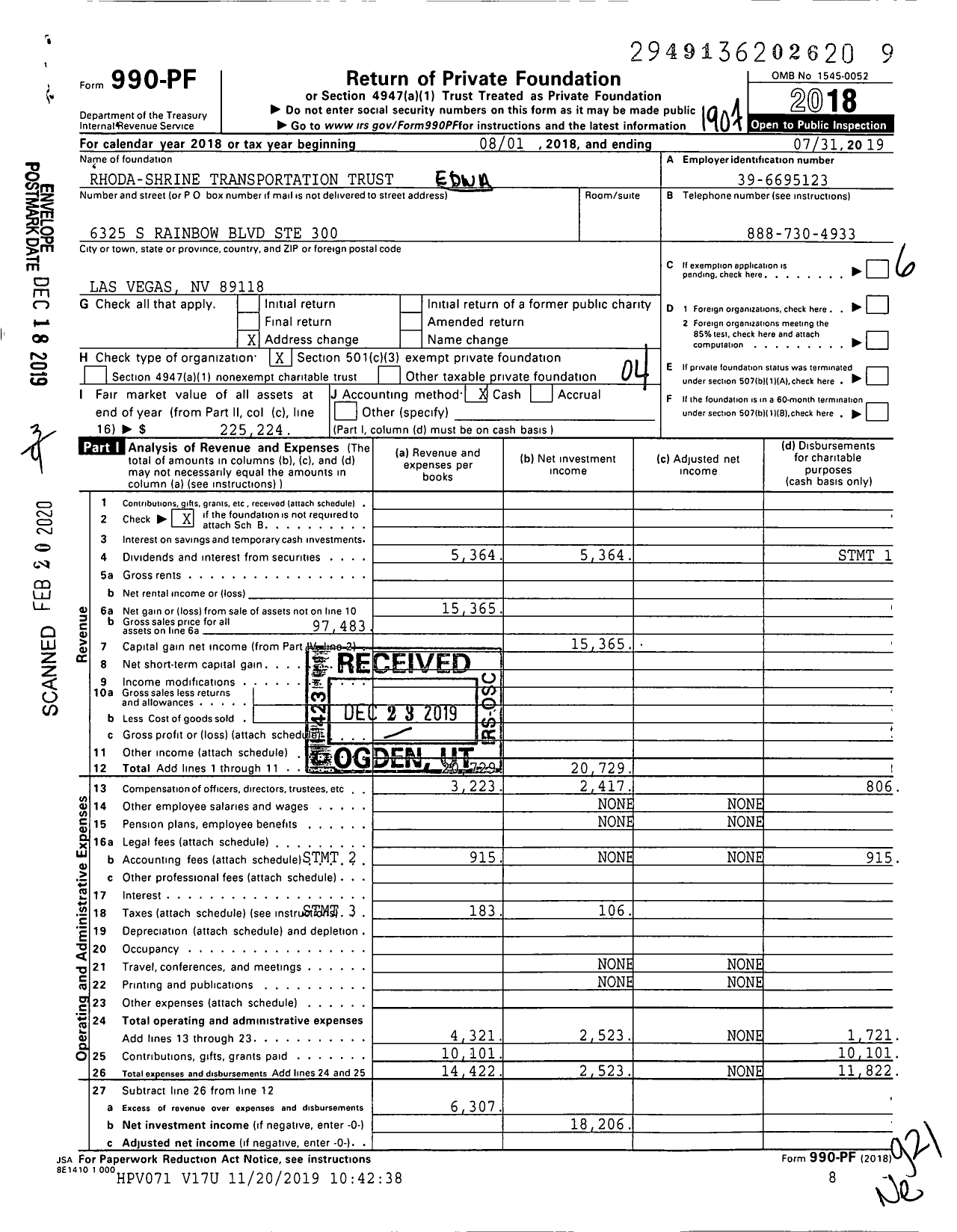 Image of first page of 2018 Form 990PF for Rhoda-Shrine Transportation Trust