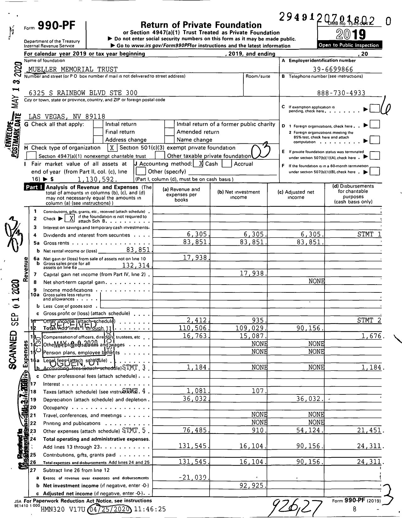 Image of first page of 2019 Form 990PR for Mueller Memorial Trust