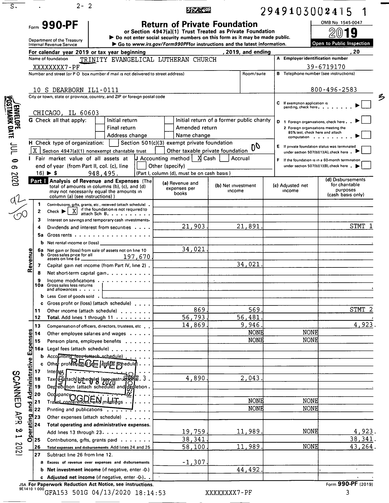 Image of first page of 2019 Form 990PF for Trinity Evangelical Lutheran Church XXXXX6007