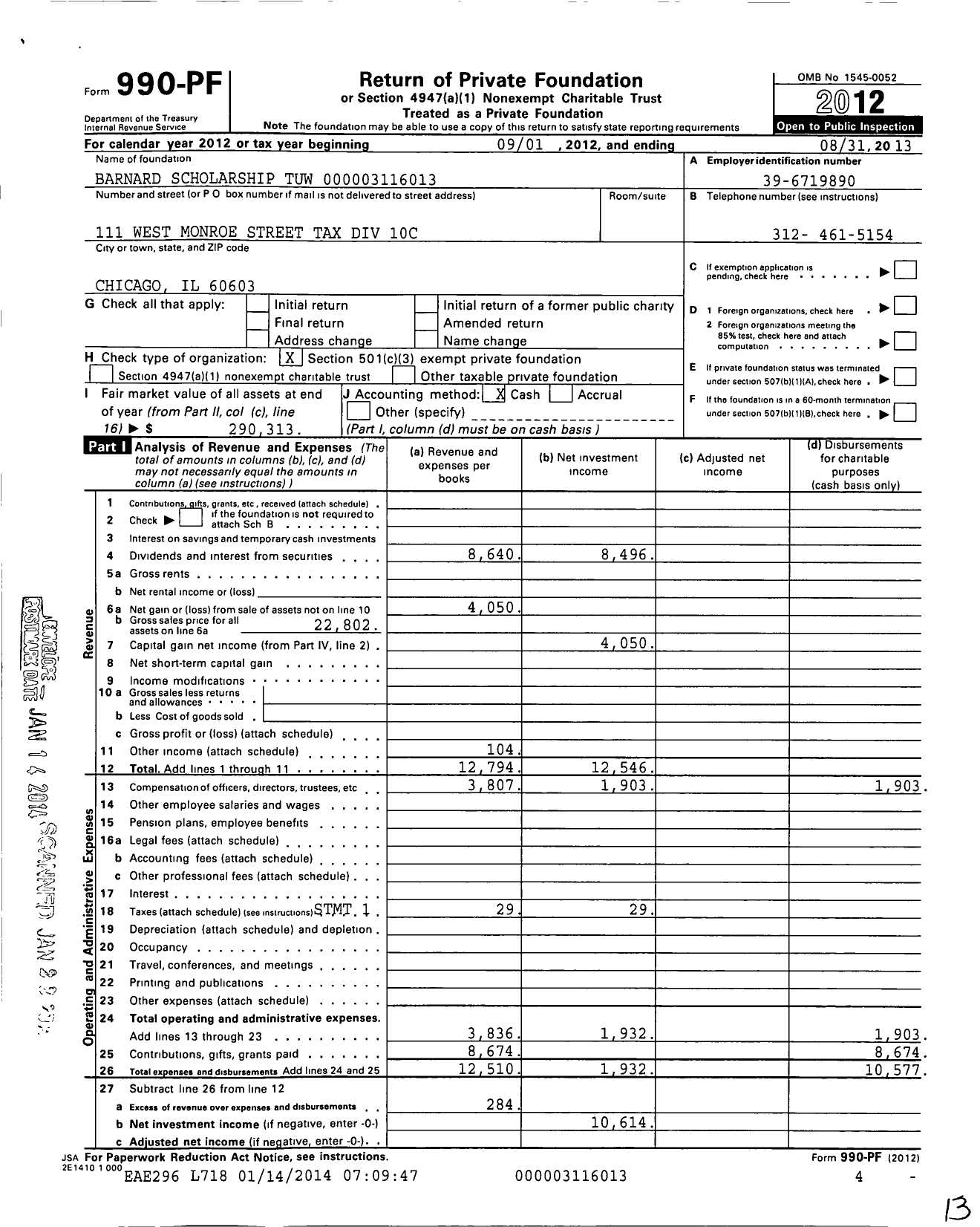 Image of first page of 2012 Form 990PF for Barnard Scholarship Tuw