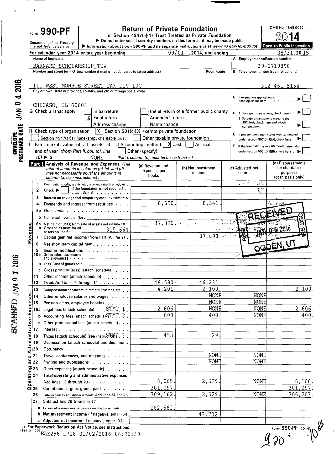 Image of first page of 2014 Form 990PF for Barnard Scholarship Tuw