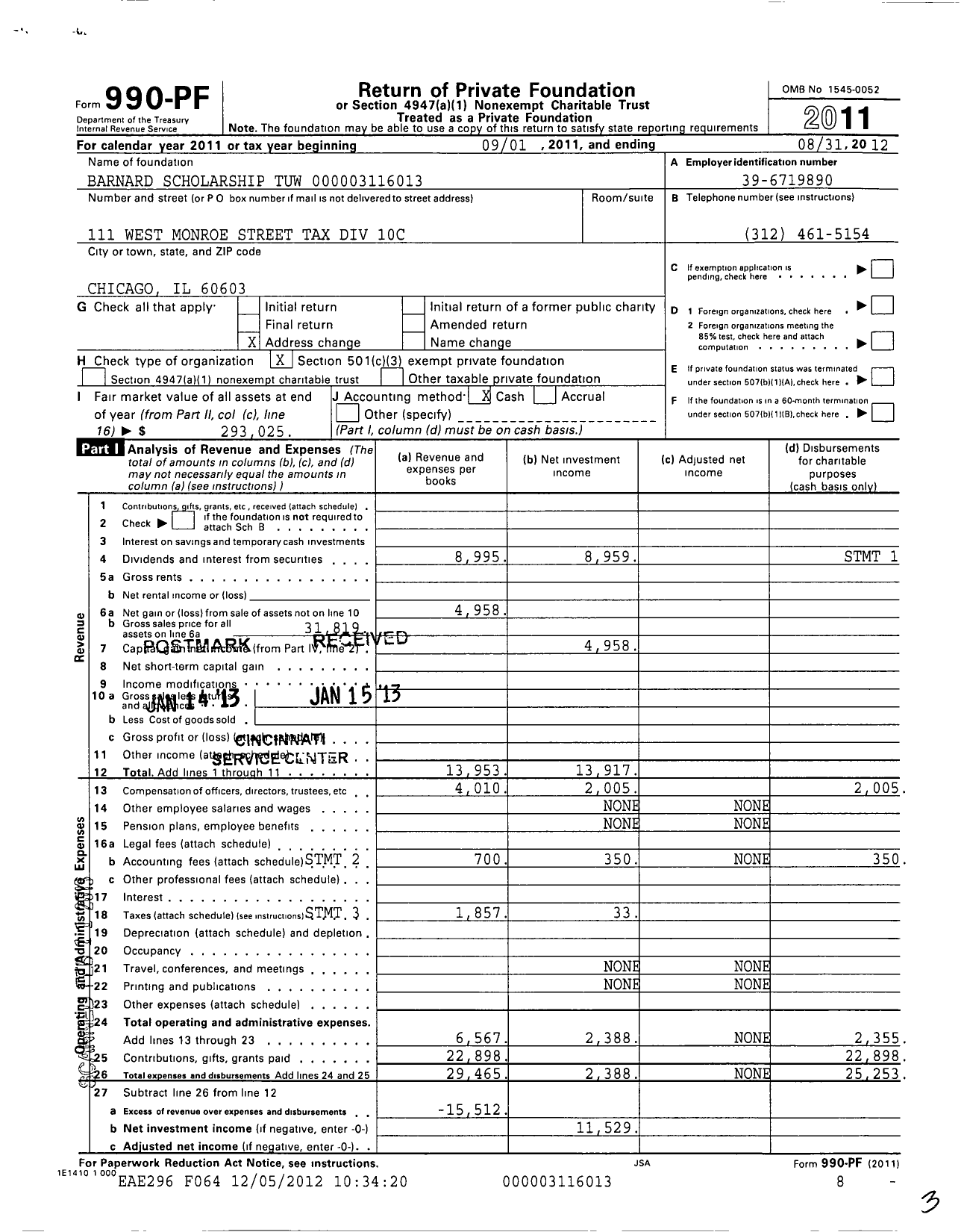 Image of first page of 2011 Form 990PF for Barnard Scholarship Tuw
