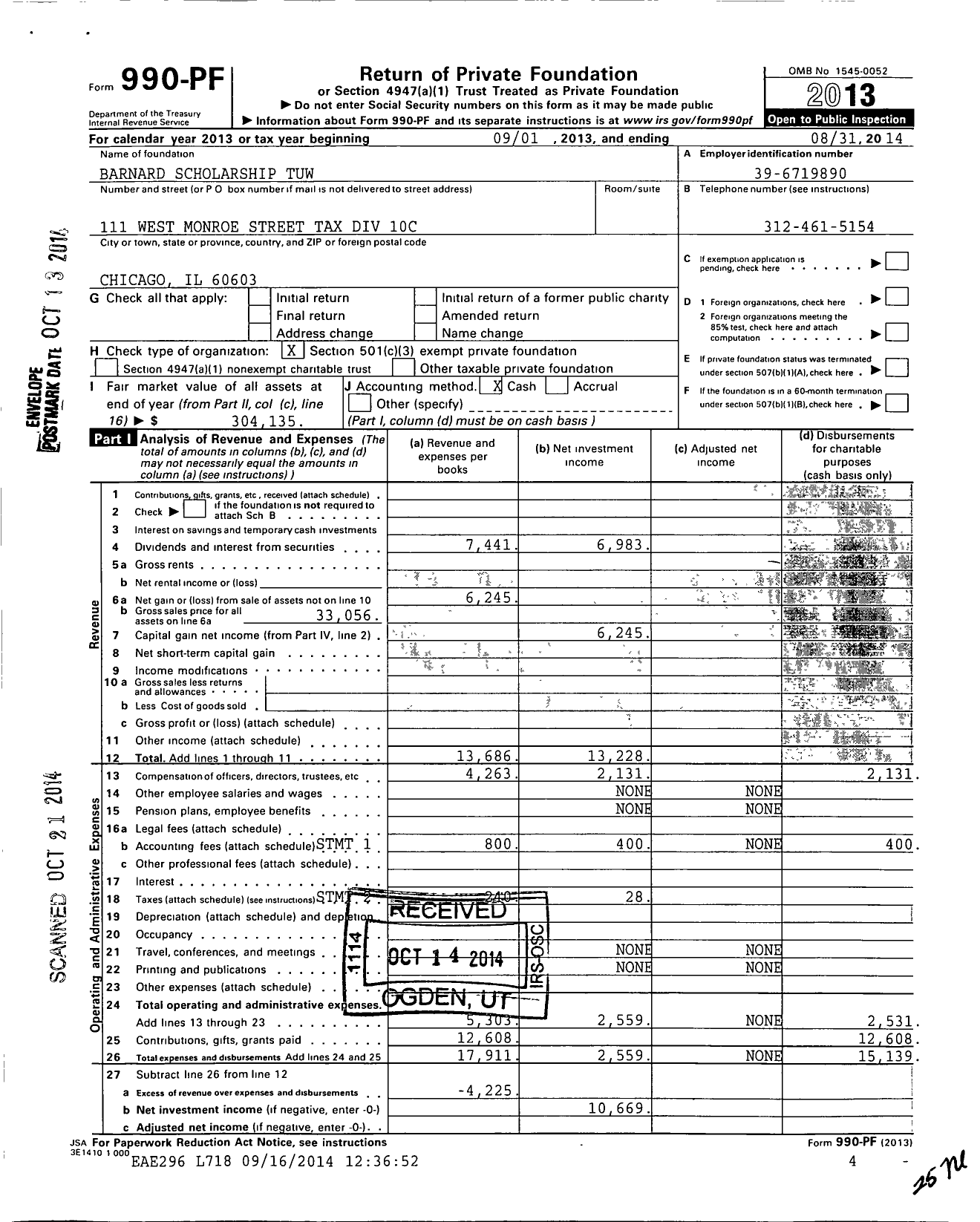 Image of first page of 2013 Form 990PF for Barnard Scholarship Tuw