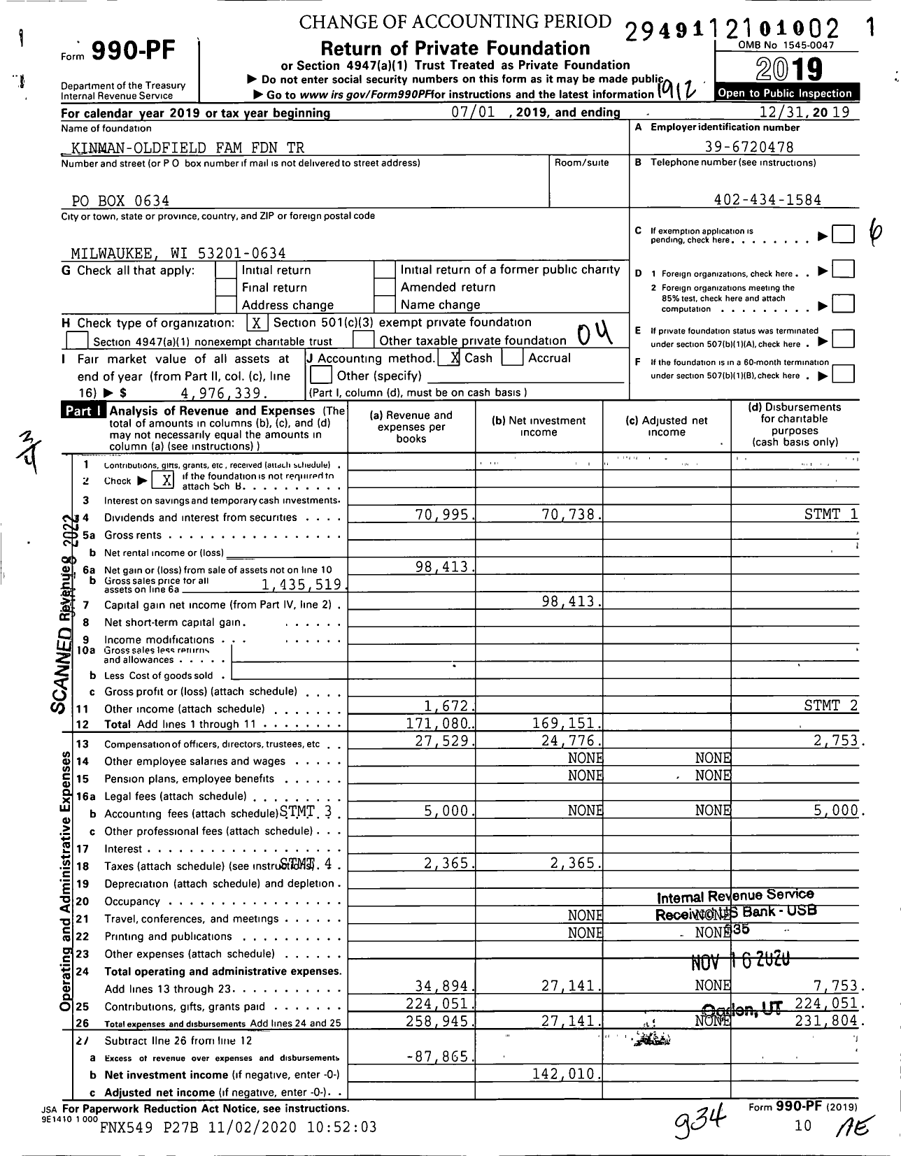 Image of first page of 2019 Form 990PF for Kinman-Oldfield Family Foundation Trust