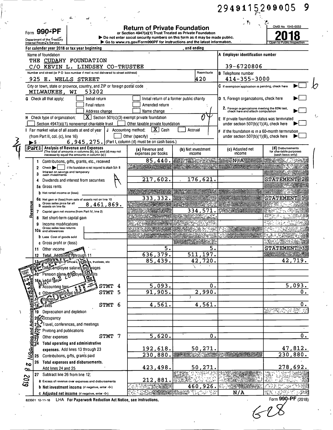 Image of first page of 2018 Form 990PF for The Cudahy Foundation