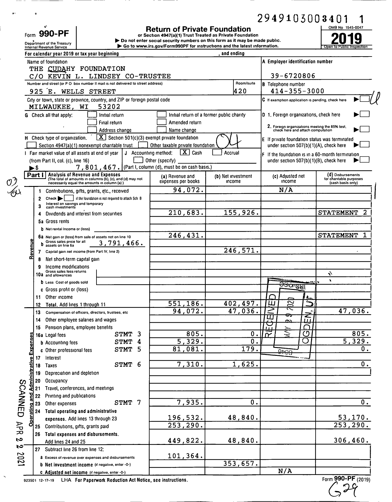 Image of first page of 2019 Form 990PF for The Cudahy Foundation