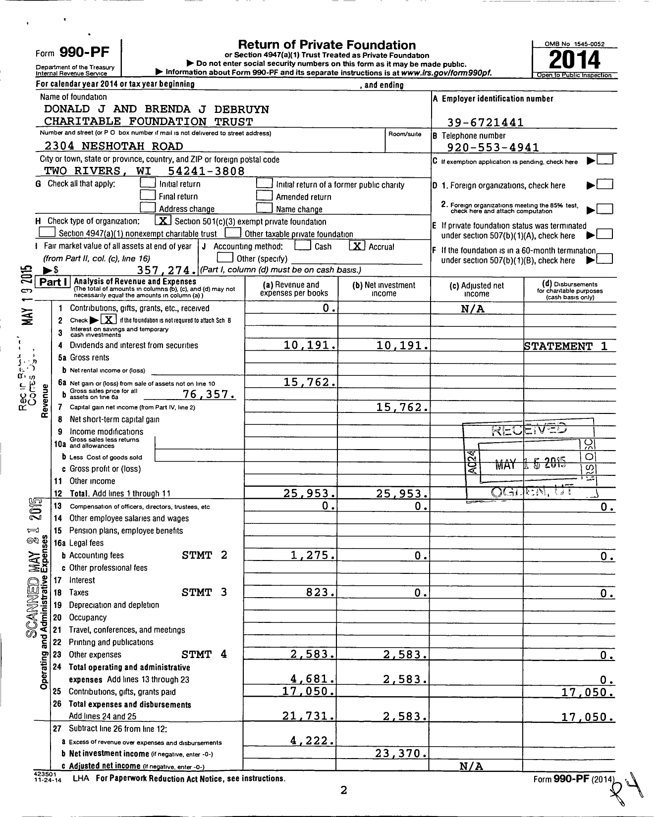 Image of first page of 2014 Form 990PF for Donald J and Brenda J Debruyn Charitable Foundation Trust