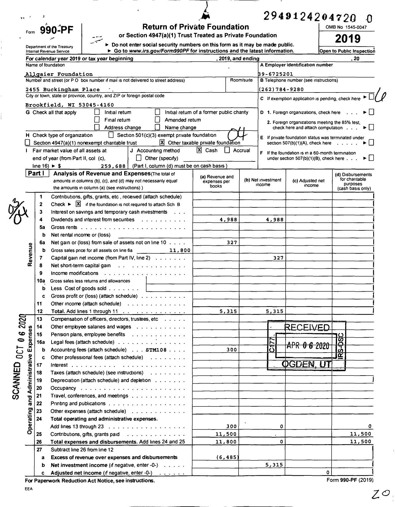 Image of first page of 2019 Form 990PR for Allgaier Foundation