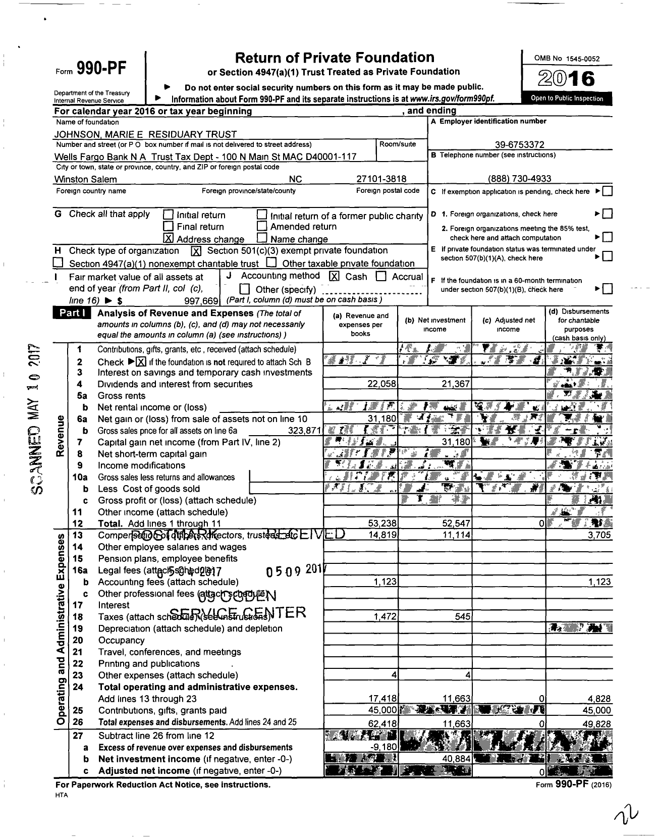 Image of first page of 2016 Form 990PF for Johnson Marie E Residuary Trust