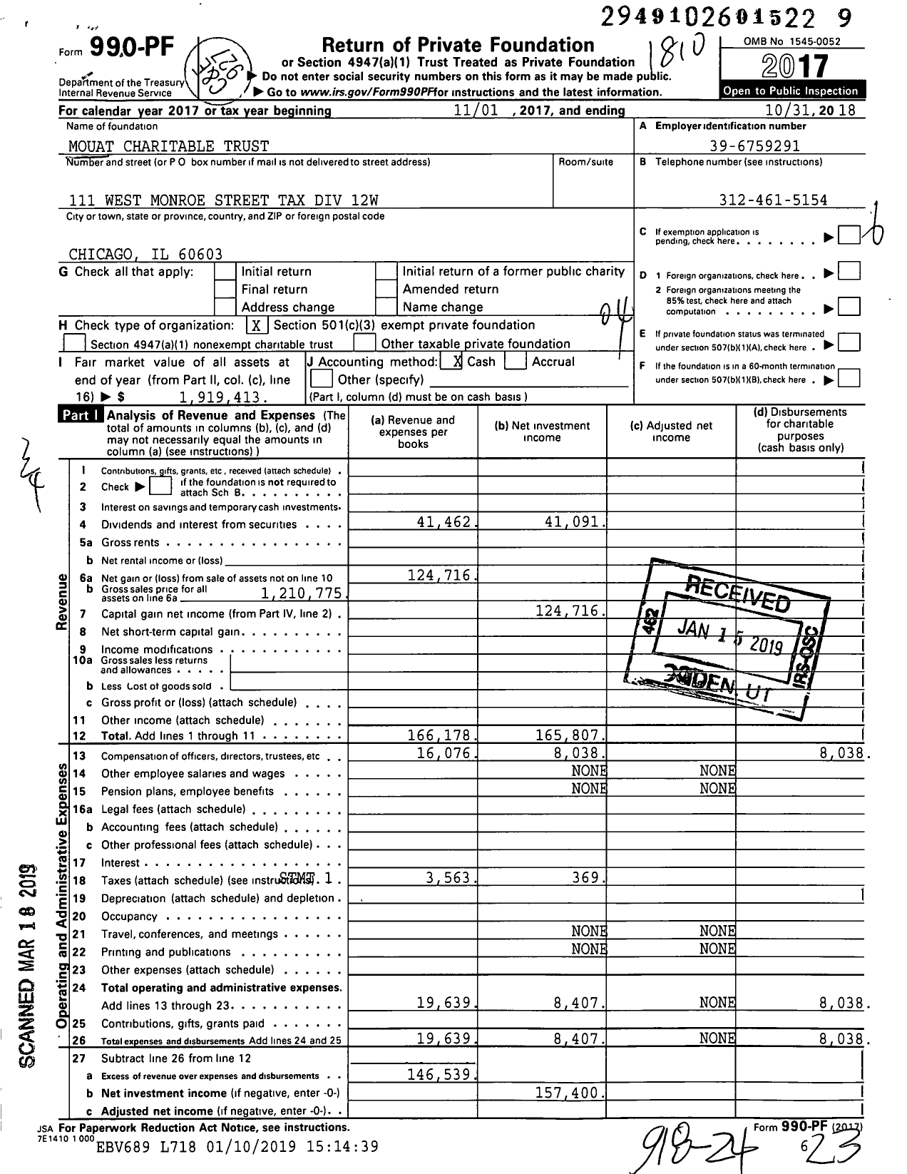 Image of first page of 2017 Form 990PF for Mouat Charitable Trust