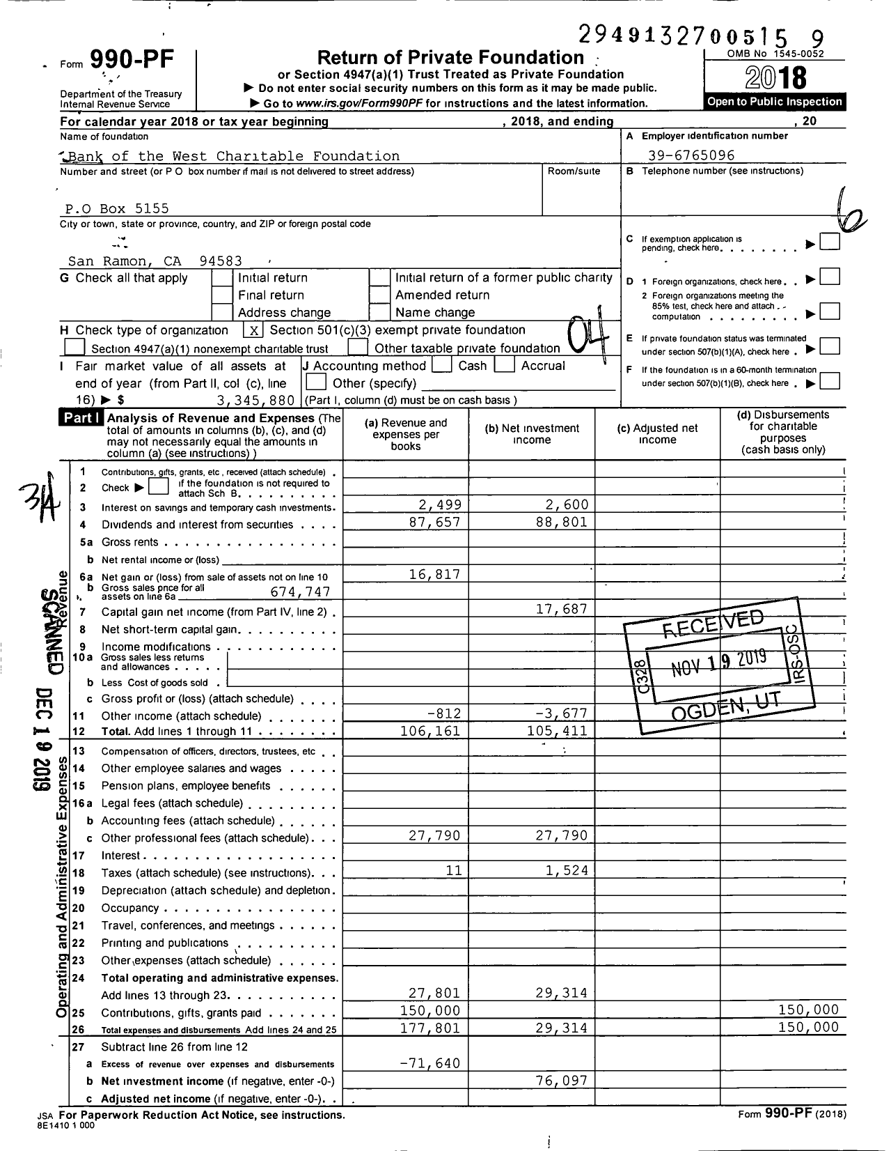 Image of first page of 2018 Form 990PF for Bank of the West Charitable Foundation