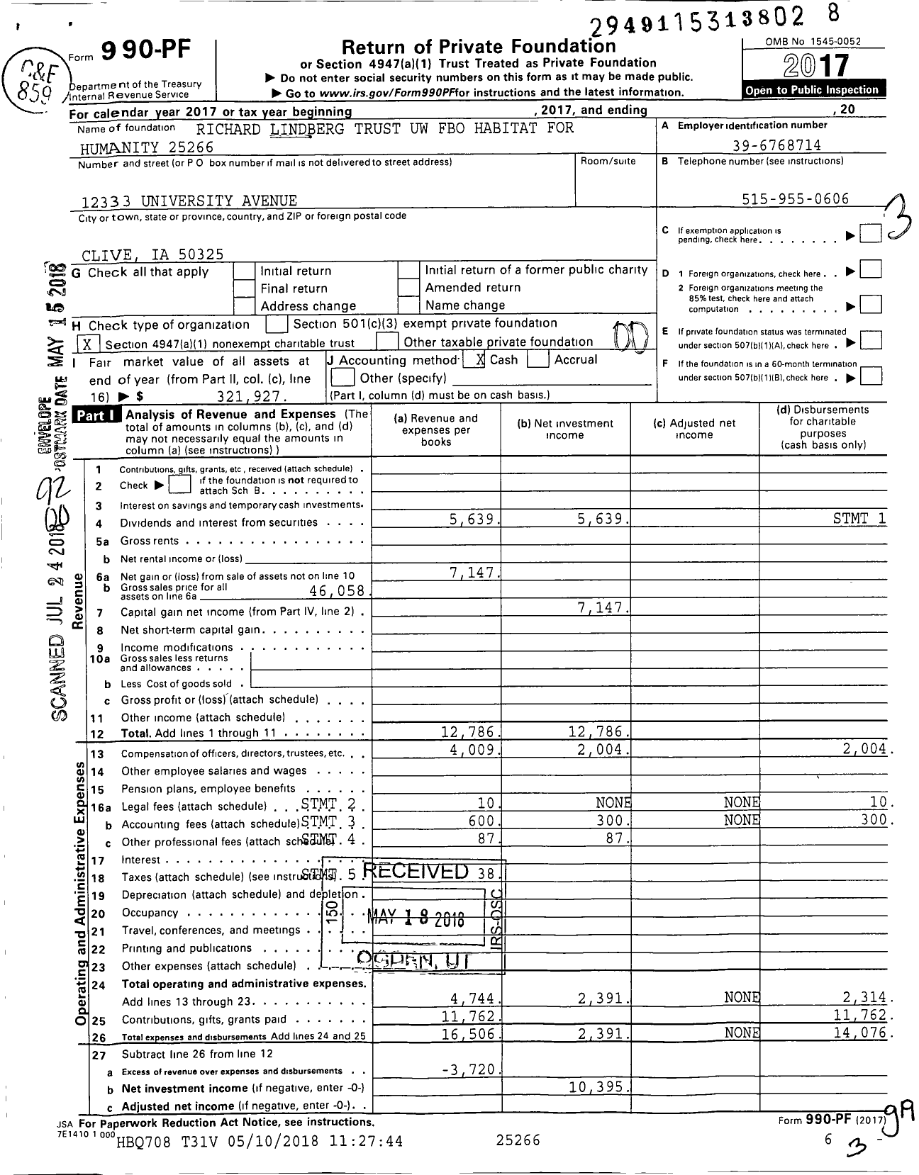 Image of first page of 2017 Form 990PF for Richard Lindberg Trust Uw XXX-XX-XXXX