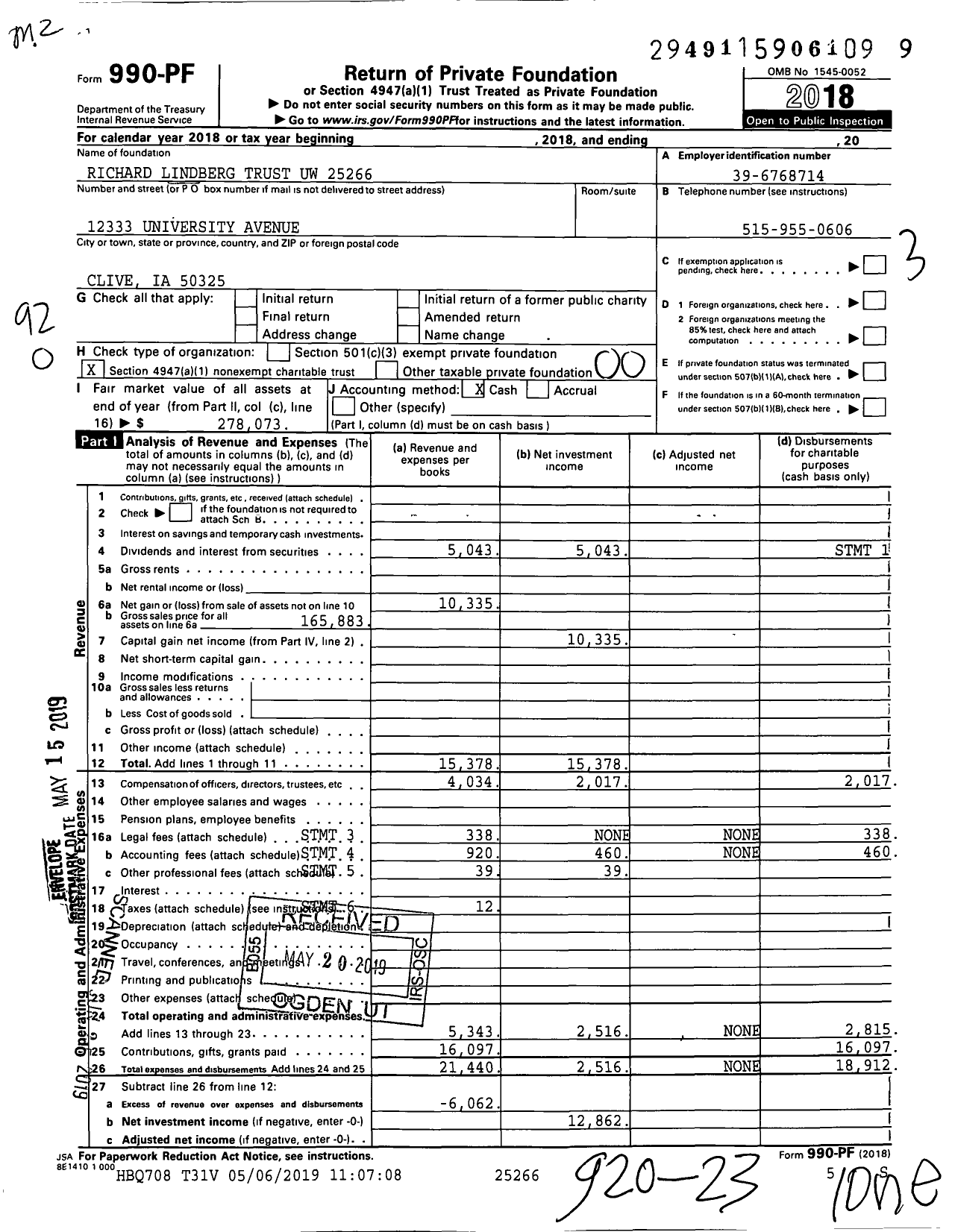 Image of first page of 2018 Form 990PF for Richard Lindberg Trust Uw XXX-XX-XXXX