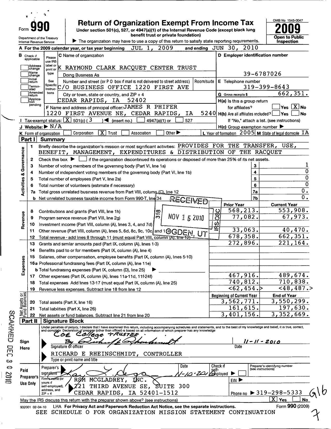 Image of first page of 2009 Form 990 for Coe College / K Raymond Clark Racquet Center TR