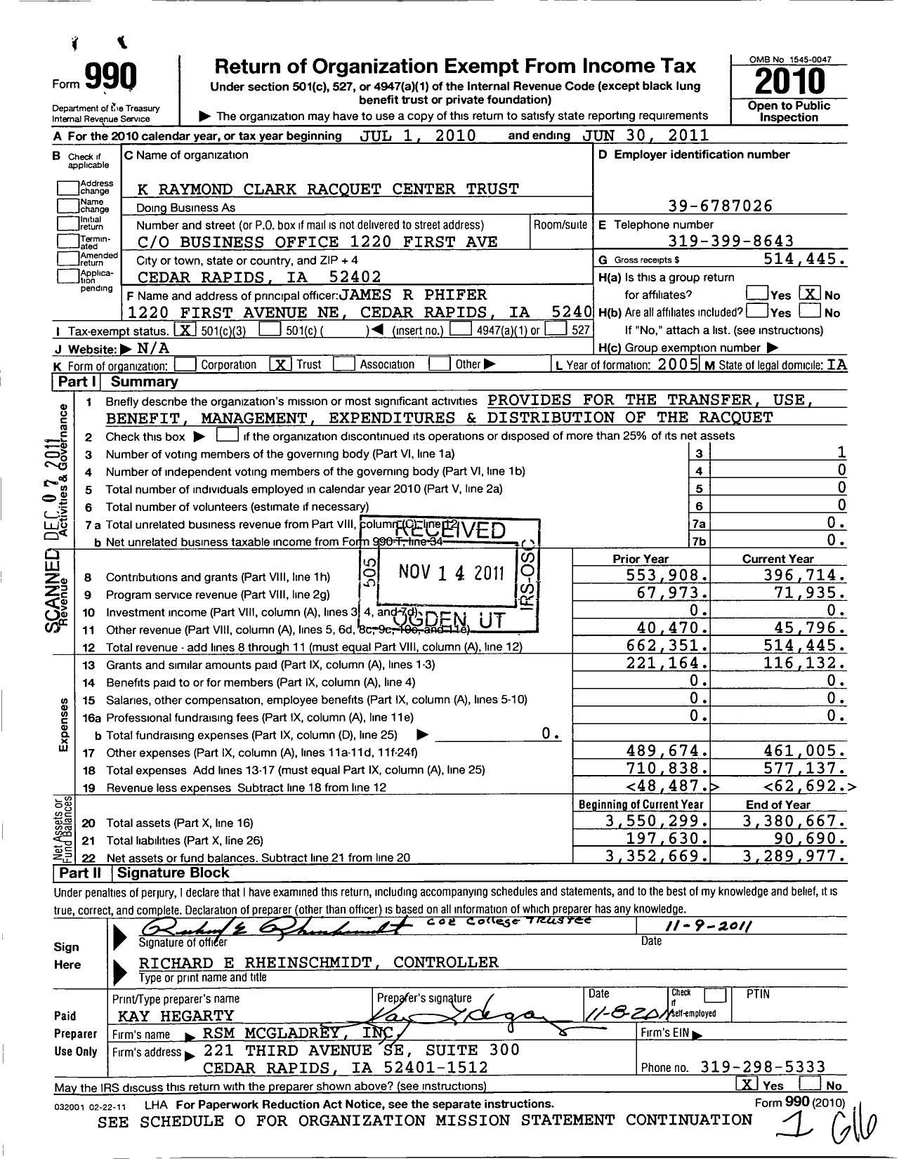 Image of first page of 2010 Form 990 for Coe College / K Raymond Clark Racquet Center TR