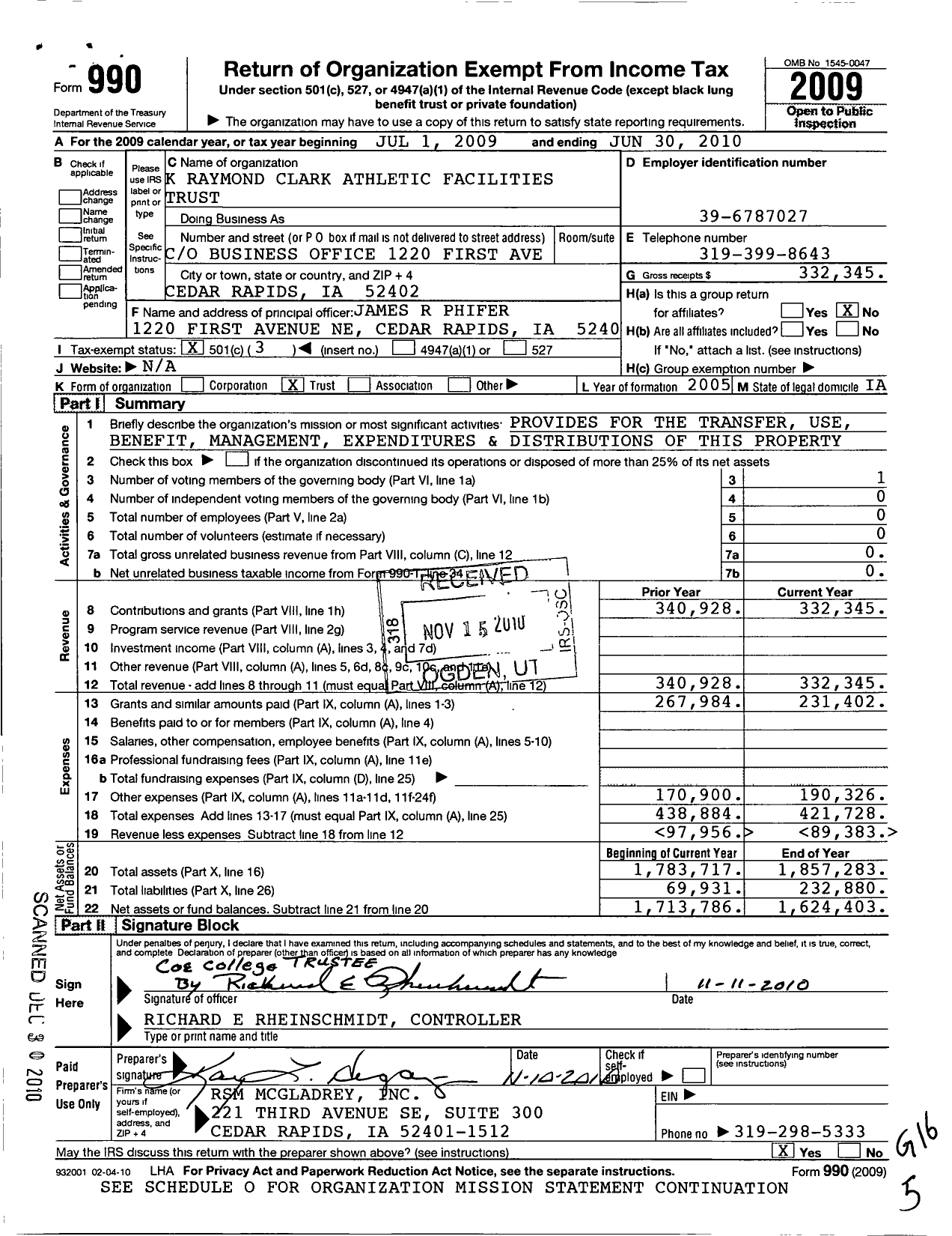 Image of first page of 2009 Form 990 for Coe College / K Raymond Clark TR for Athletic Fac