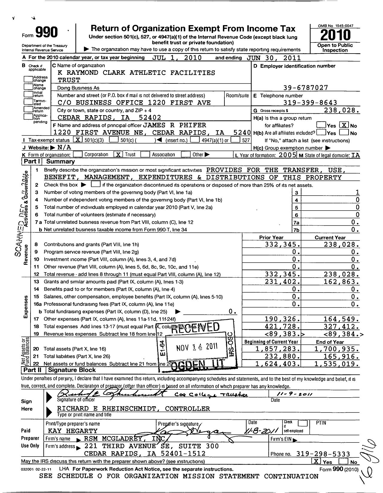 Image of first page of 2010 Form 990 for Coe College / K Raymond Clark TR for Athletic Fac