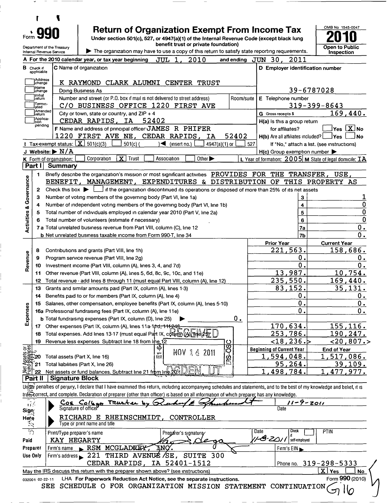 Image of first page of 2010 Form 990 for Coe College / K Raymond Clark TR for Alumni CNTR