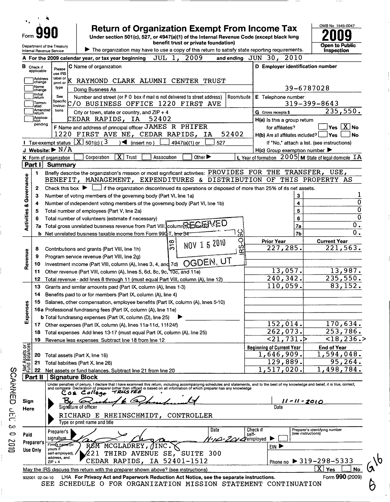 Image of first page of 2009 Form 990 for Coe College / K Raymond Clark TR for Alumni CNTR