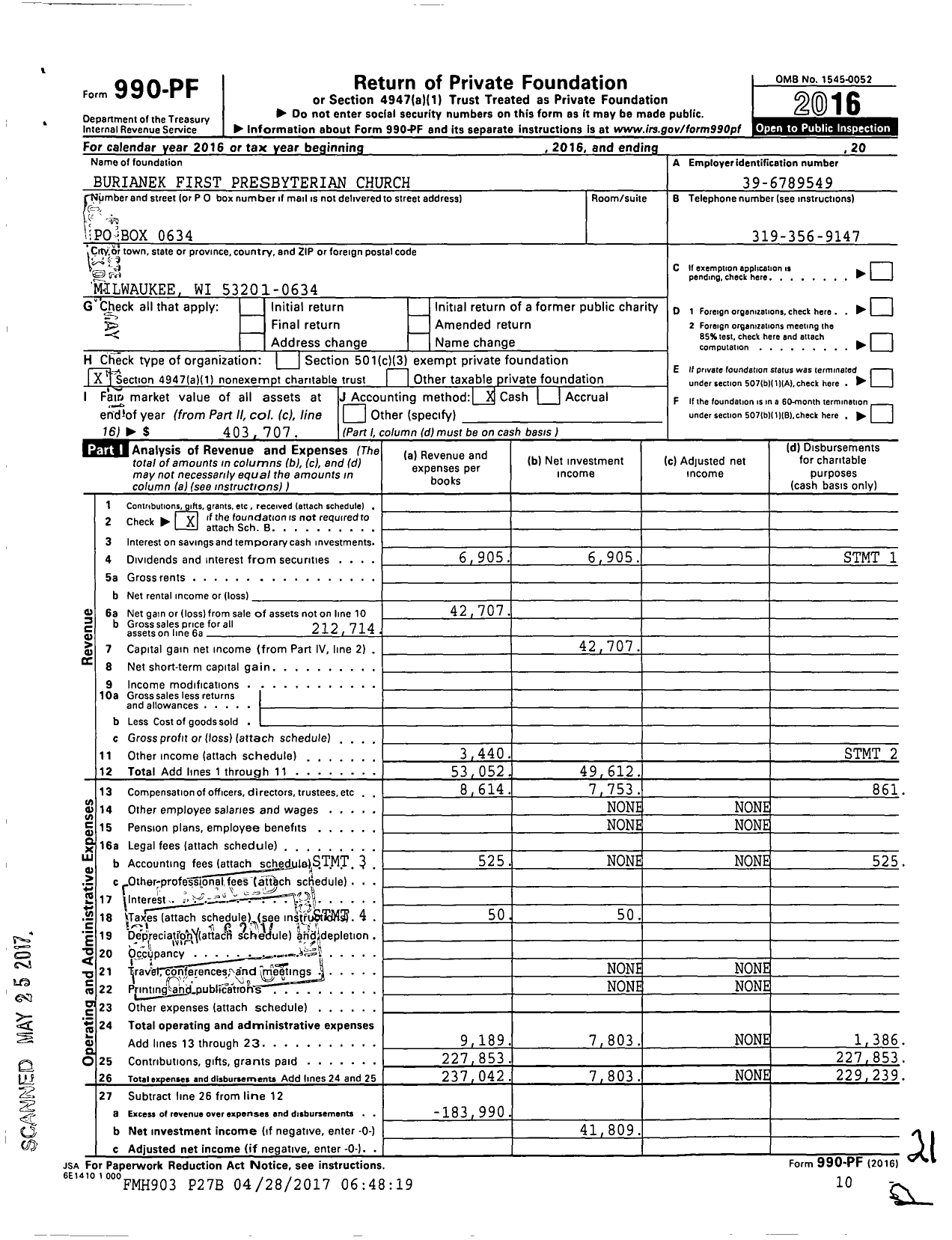 Image of first page of 2016 Form 990PF for Burianek First Presbyterian Church