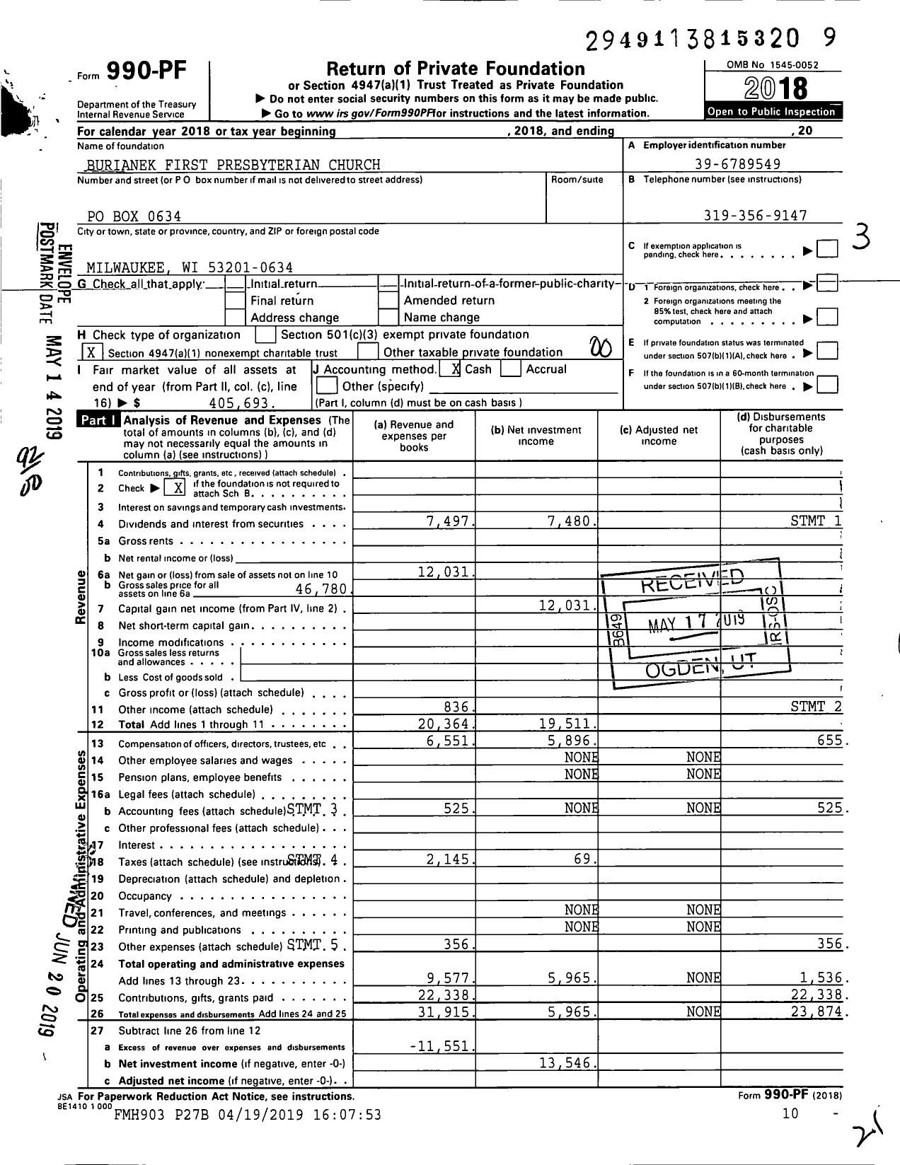 Image of first page of 2018 Form 990PF for Burianek First Presbyterian Church