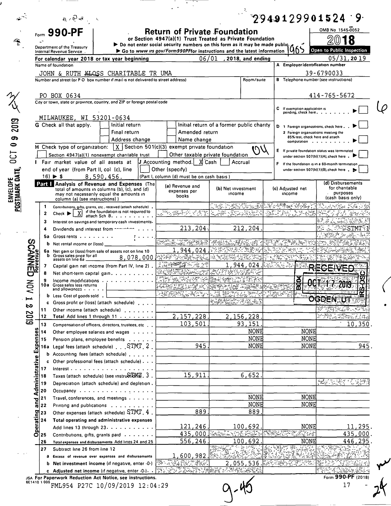 Image of first page of 2018 Form 990PF for John and Ruth Kloss Charitable TR Uma