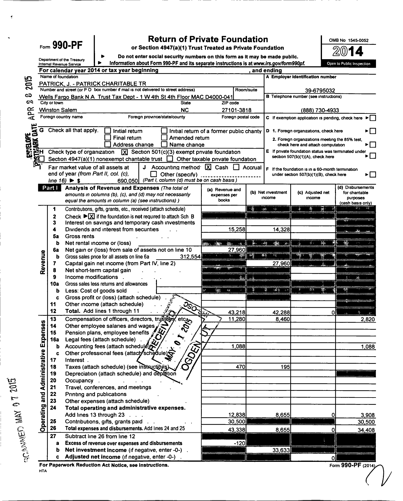 Image of first page of 2014 Form 990PF for Patrick J - Patrick Charitable Trust