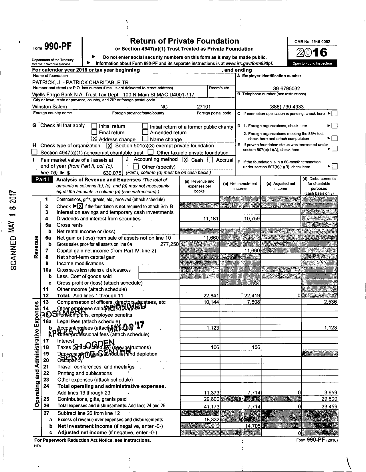 Image of first page of 2016 Form 990PF for Patrick J - Patrick Charitable Trust