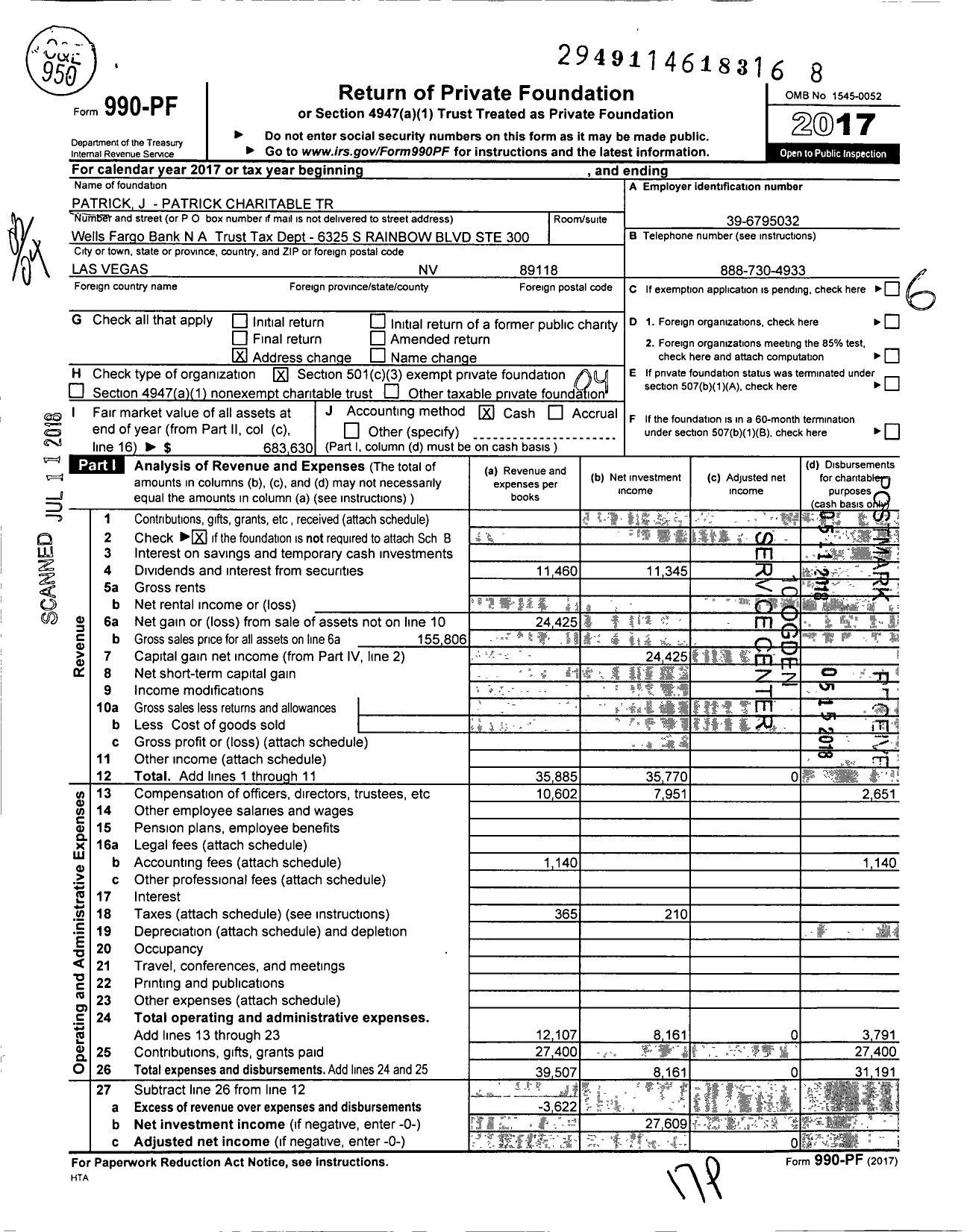 Image of first page of 2017 Form 990PF for Patrick J - Patrick Charitable Trust