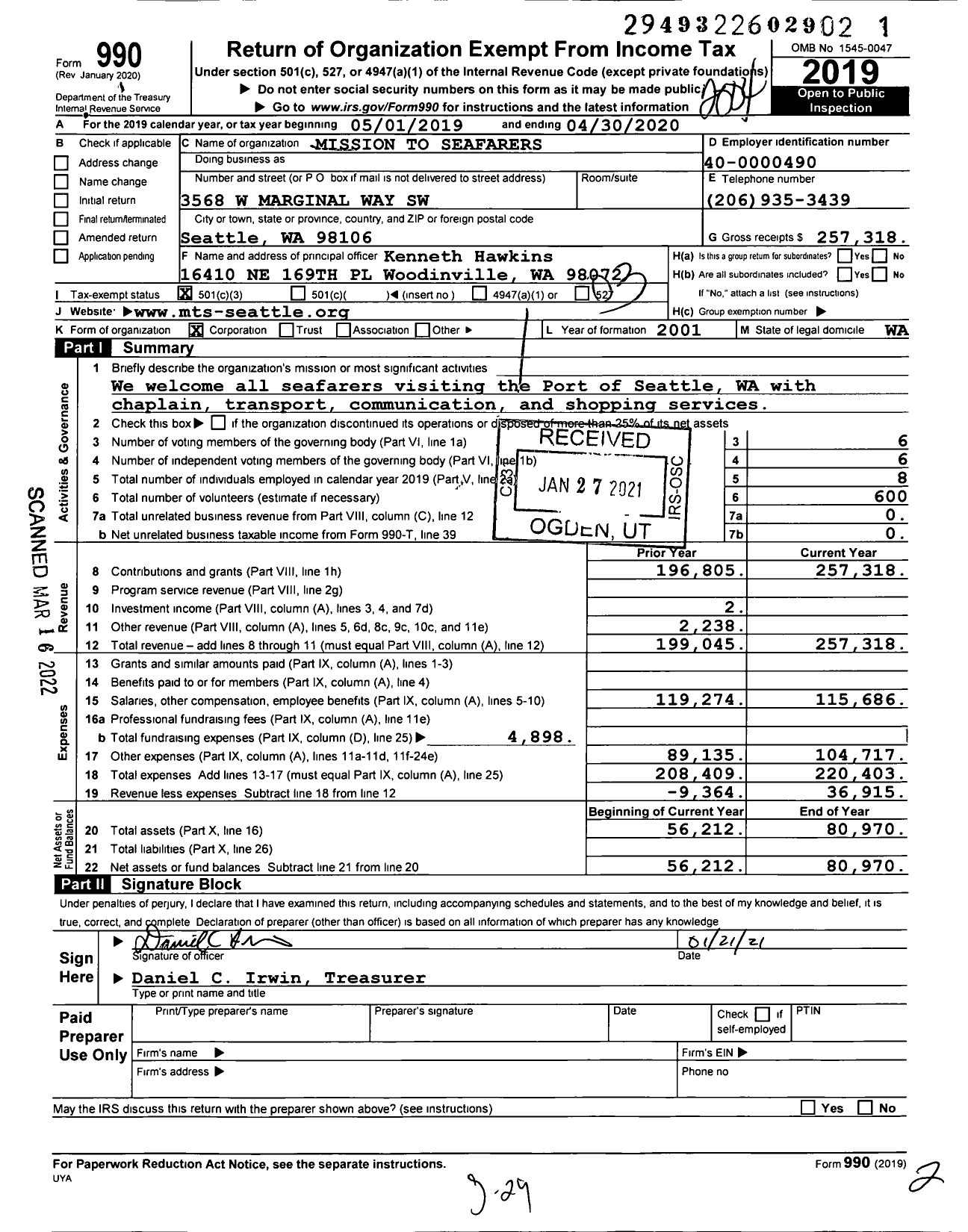 Image of first page of 2019 Form 990 for Seattle Seafarers Center